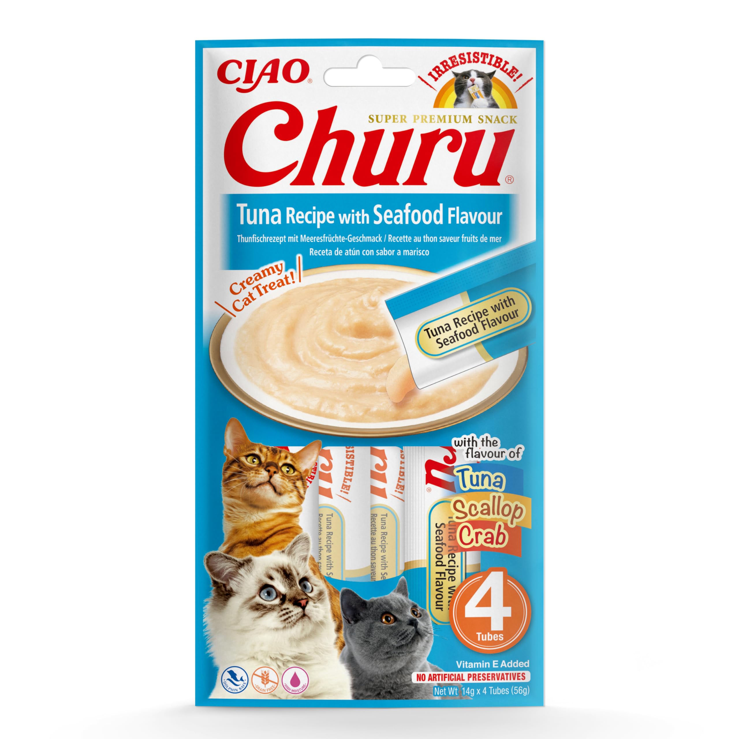 Ciao Churu Sticks by INABA Cat Treat - Tuna Recipe with Seafood Flavour (4 x 14g) / Soft & Creamy Cat Treat, Delicious & Healthy Snack, Purée Food Topper, Pill Assist, Natural, Grain Free