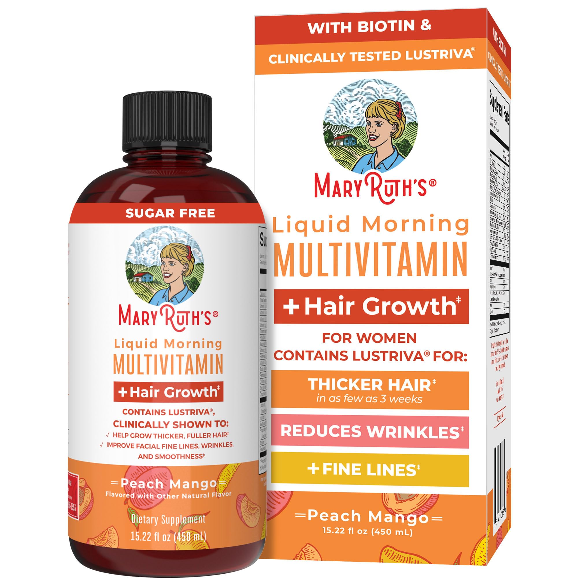 MaryRuth's Liquid Multivitamin + Lustriva® Hair Growth for Women| Biotin 10000mcg | Vitamin D | B Vitamins |Clinically Tested for Thicker Hair, Wrinkles, Fine Lines, Skin Care| Ages 18+ | 15.22 Fl Oz