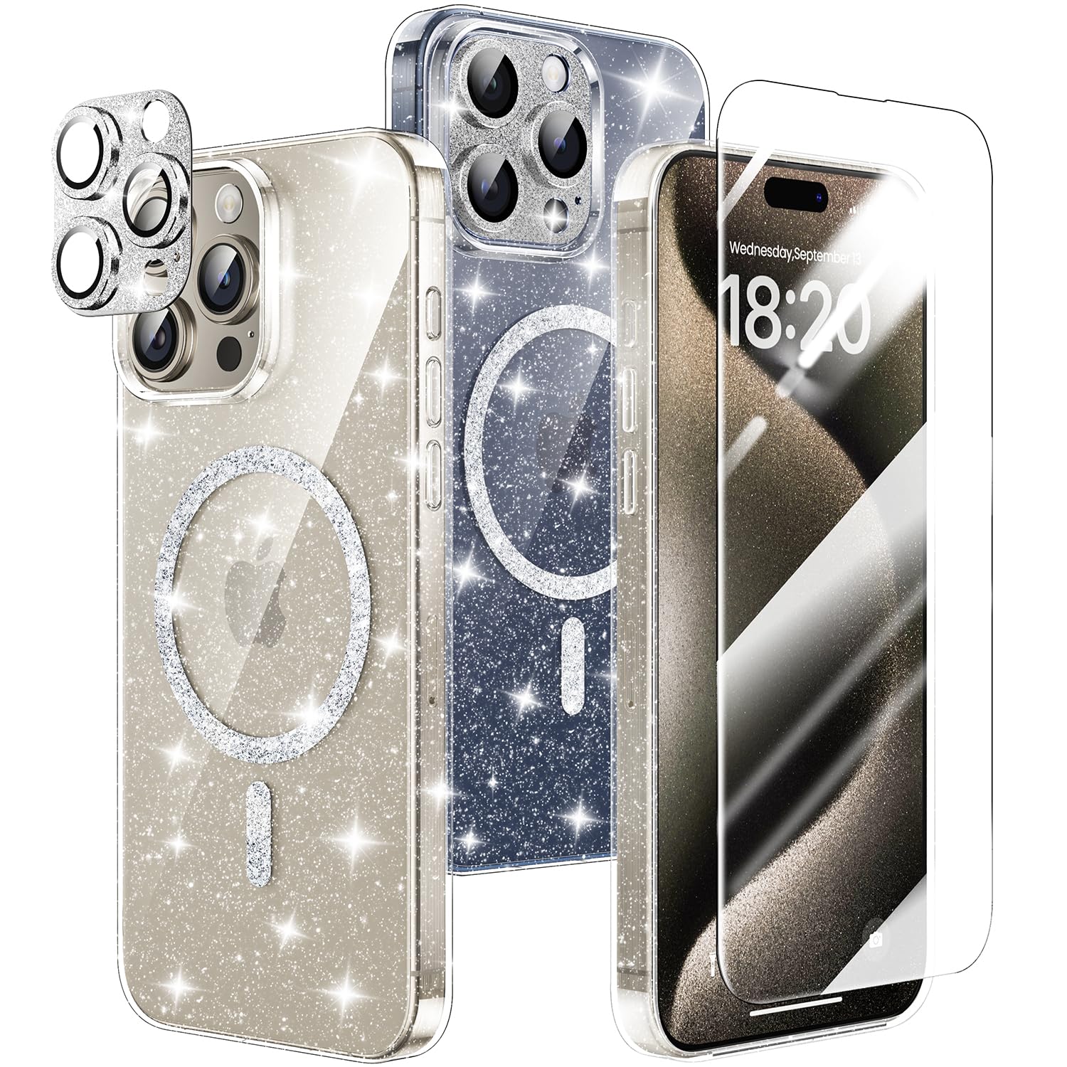 Hoerrye for iPhone 15 Pro Max Case for Women [Compatiable with MagSafe][2 x Glass+ 1 x Metal Camera Lens Protector] PC Hard Glitter Magnetic Cover, Clear