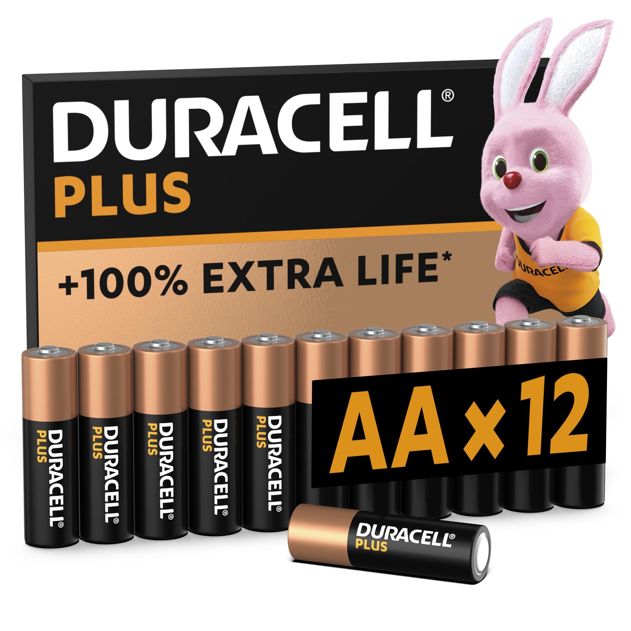 Duracell Plus AA Batteries (12 Pack) - Alkaline 1.5V - Up To 100% Extra Life - Reliability For Everyday Devices - 0% Plastic Packaging - 10 Year Storage - LR6 MN1500