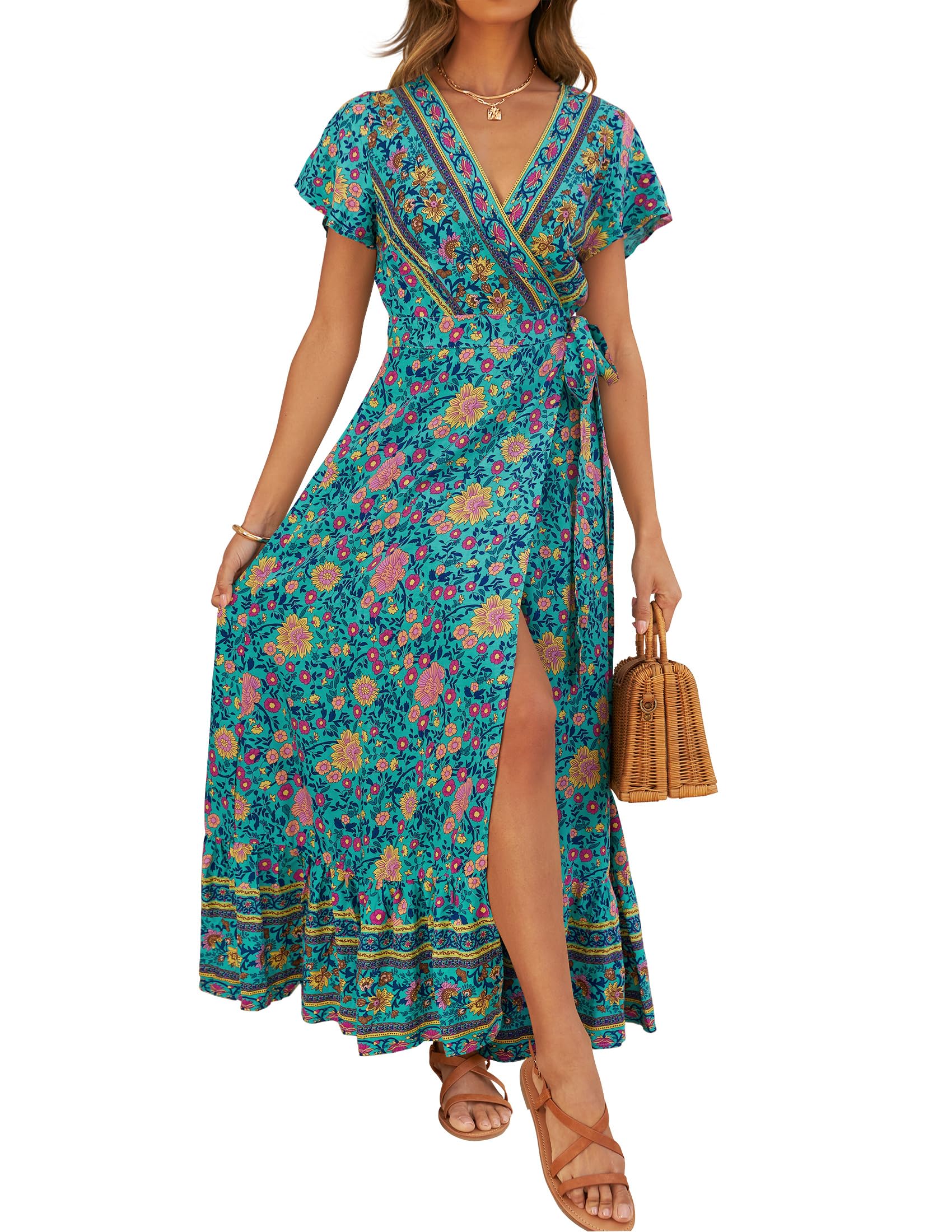 ZESICA Women's 2024 Bohemian Floral Printed Wrap V Neck Short Sleeve Split Beach Party Maxi Dress