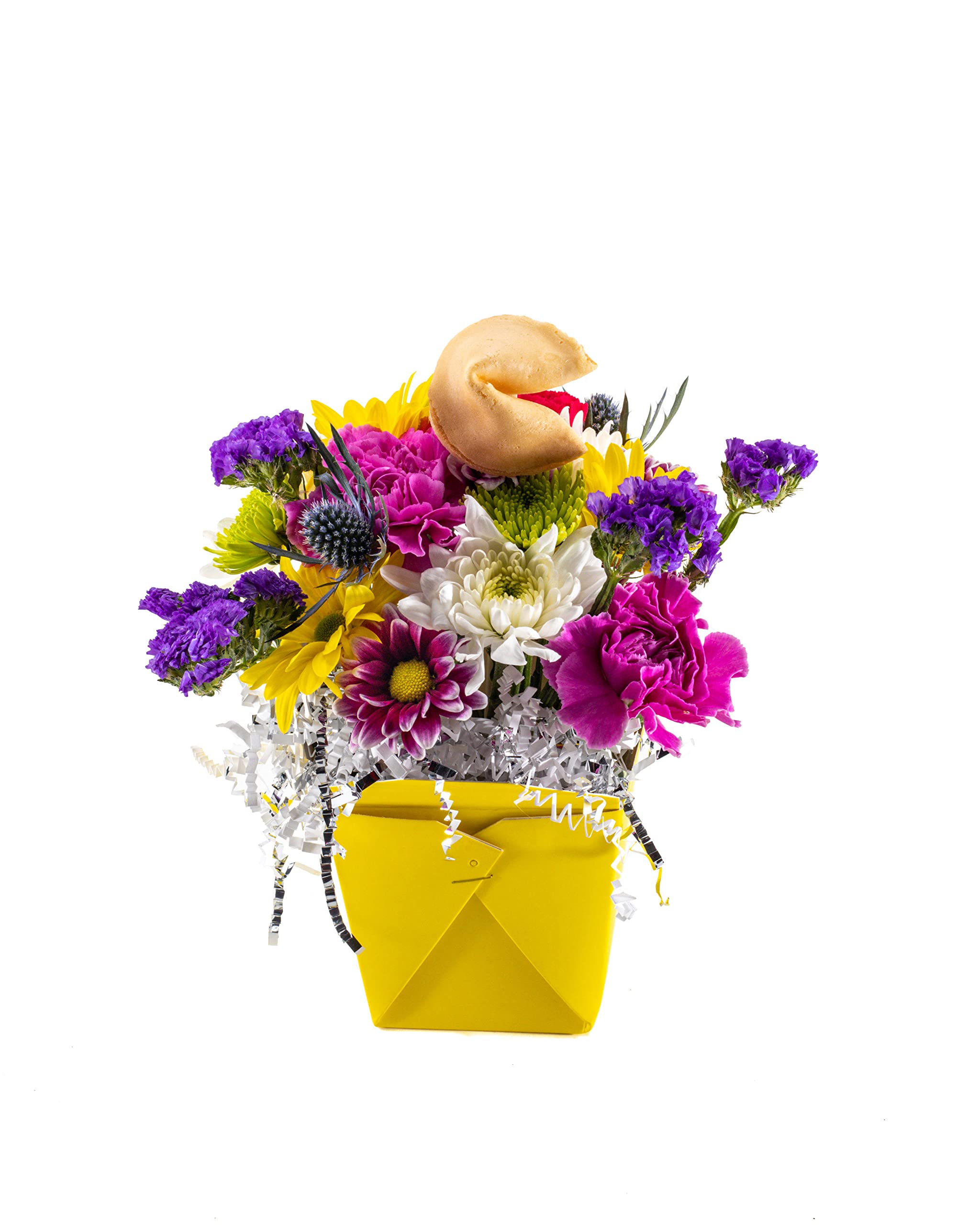 Spring Fresh Cut Live Flowers Arranged in a Takeout Container with Your Personal Message Tucked Inside a Fortune Cookie