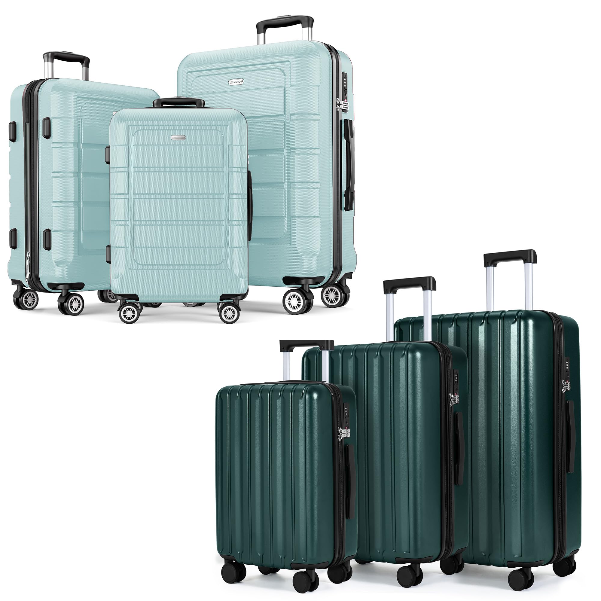 SHOWKOOLuggage Sets 100% PC & PC+ABS Expandable Suitcase Sets Double Spinner Wheels TSA Lock 3pcs+3pcs Mint Green & Dark Green