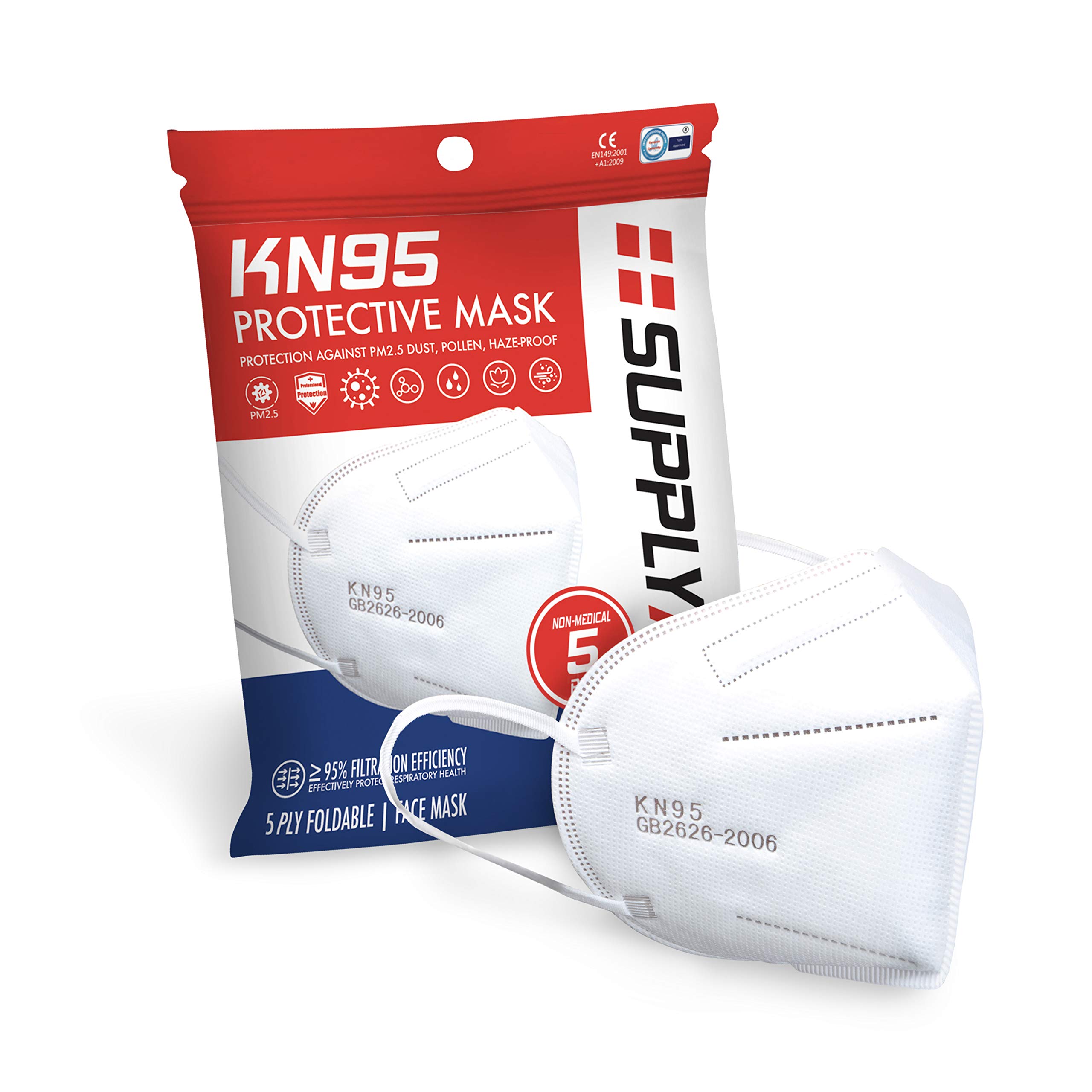 RRS-KN95-5PK KN95 Face Mask for Protection Against PM2.5 Dust, Pollen and Haze-Proof, 5 Pack, White