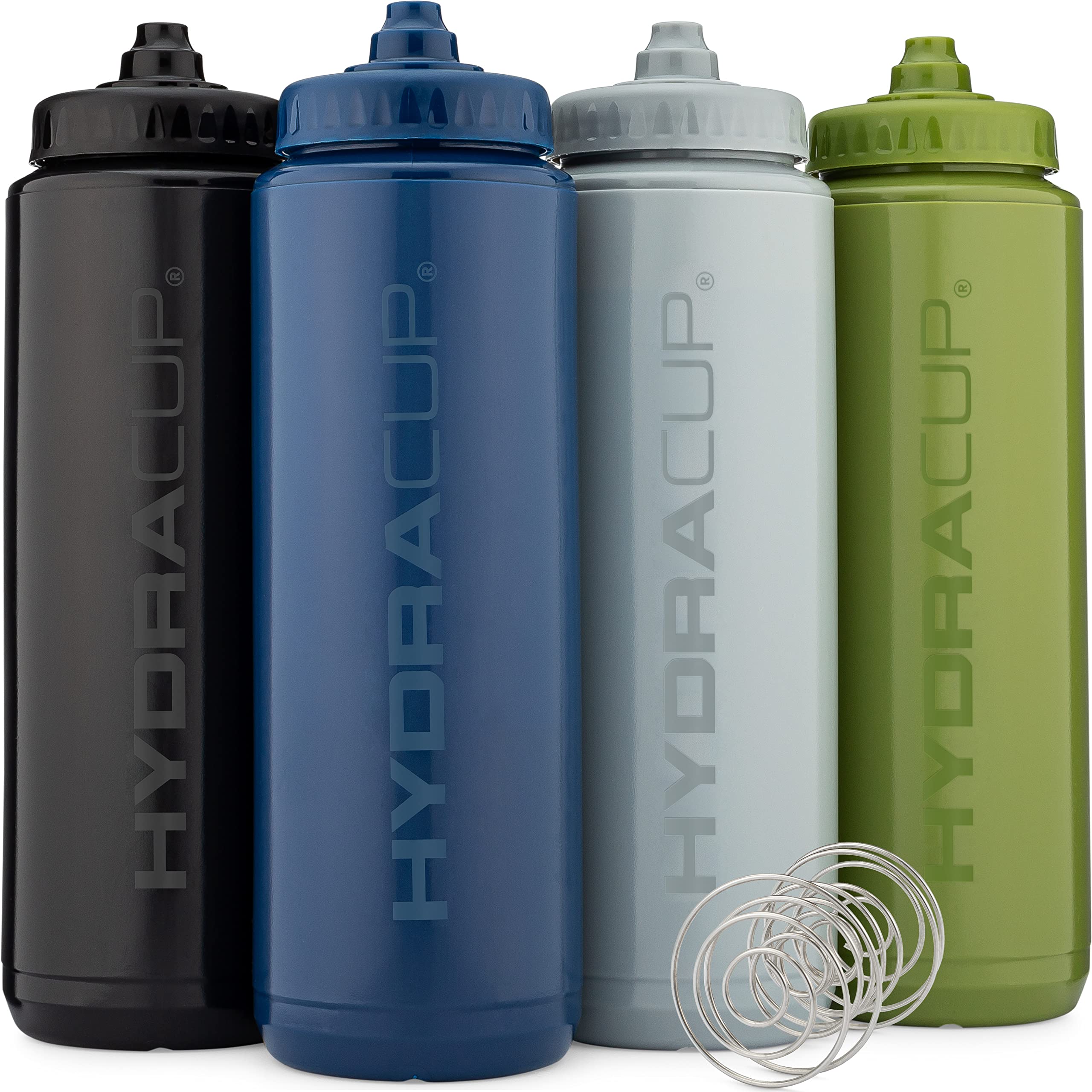 Hydra Cup - 4 PACK - 32oz Squeeze Water Bottles Bulk Set, BPA FREE, For Sports, Cycling, Bike, Quick Squirt Hydration, Shaker Cup Wire Whisk Included.