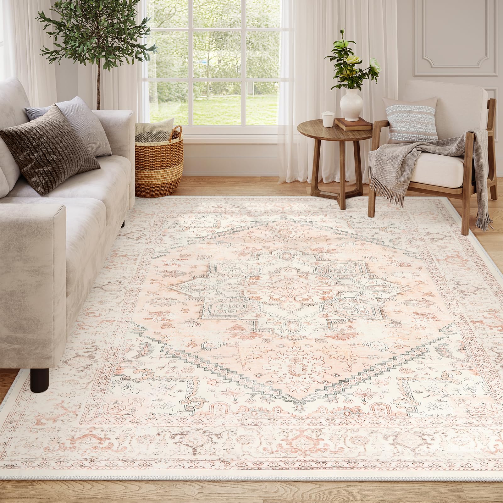 LIVEBOX Pink Area Rug 8x10 - Large Oriental Floral Living Room Rug Accent Rug for Bedroom, Non-Slip Retro Medallion Carpet Print Distressed Rug for Dining Room Guest Room Office Pink