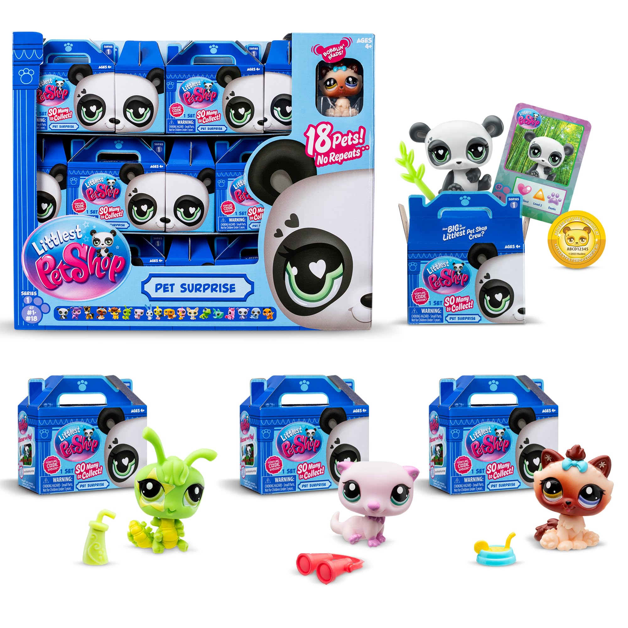 Littlest Pet Shop, 18 Pets Collector Set, Pet Surprise Display - Gen 7, Pets #1 - #18, Authentic LPS Bobble Head Figure, Collectible Imagination Toy Animal, Kidults, Girls, Boys, Kids, Tweens Ages 4+