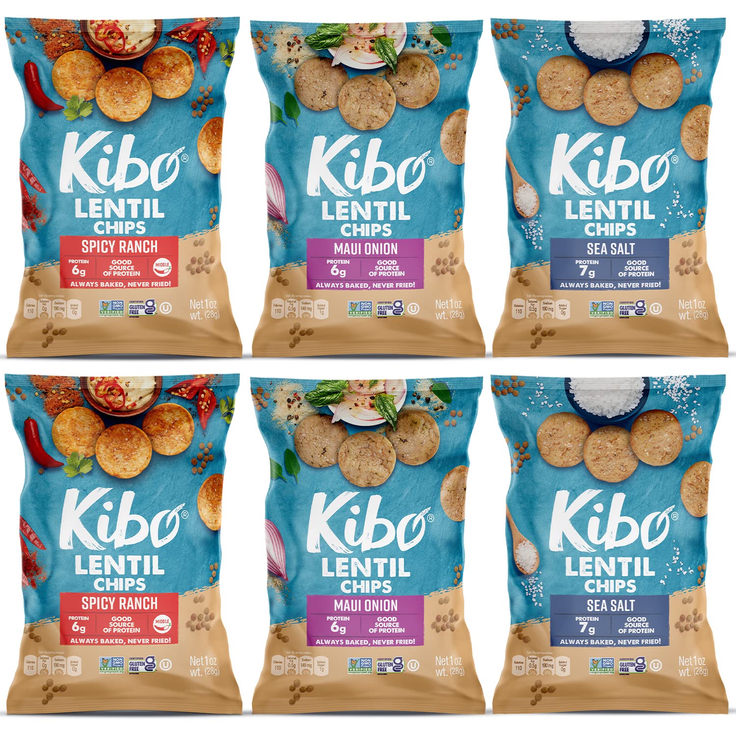 KIBO FOODS Lentil Chips Variety Pack - Gluten-Free Vegan Chips - Non-GMO Verified - Plant-Based 28 grams – Maui Onion, Sea Salt, and Spicy Ranch - 6 Pack