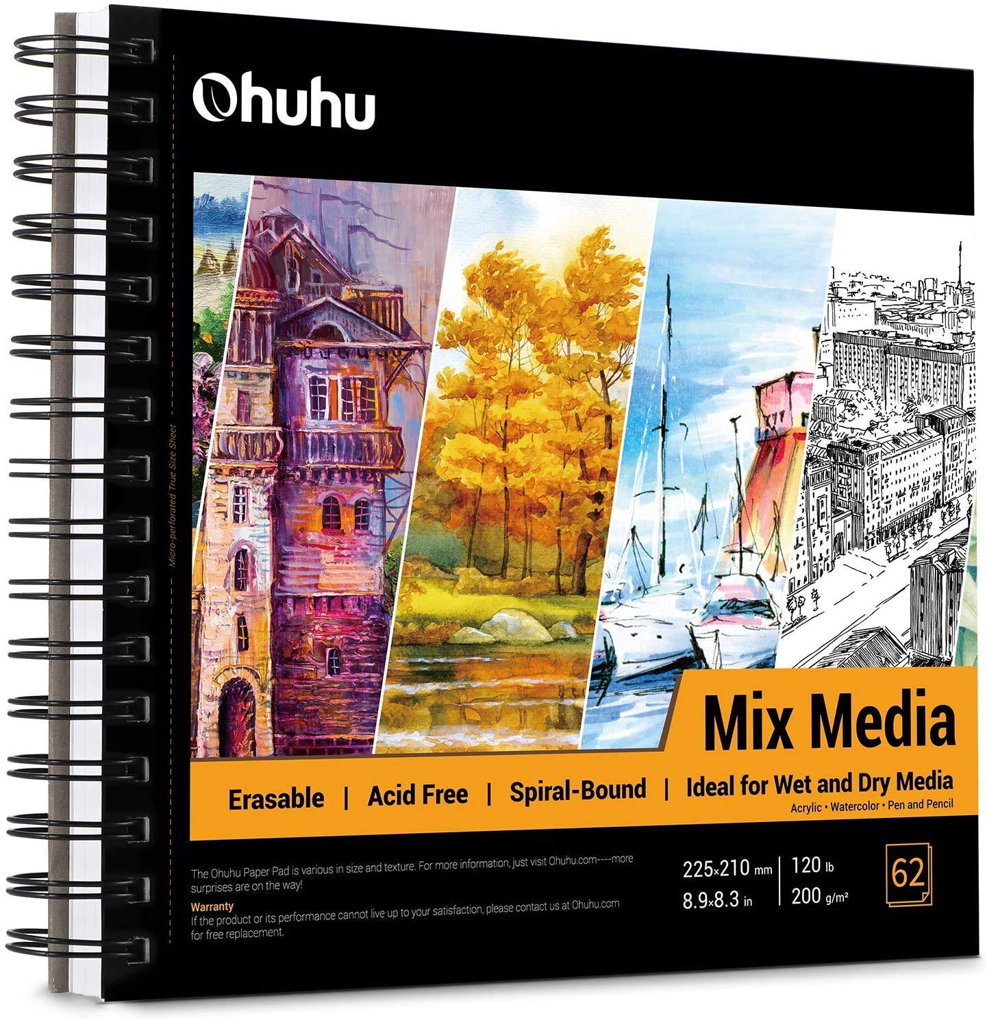 OhuhuSketchbook Spiral Bound: Mixed Media Pad, 62 Sheets/124 Pages of 200GSM Thick Drawing Paper, Hardcover Sketch Book for Wet and Dry Media, Acrylic Watercolour Paint and Pencils, Pastel