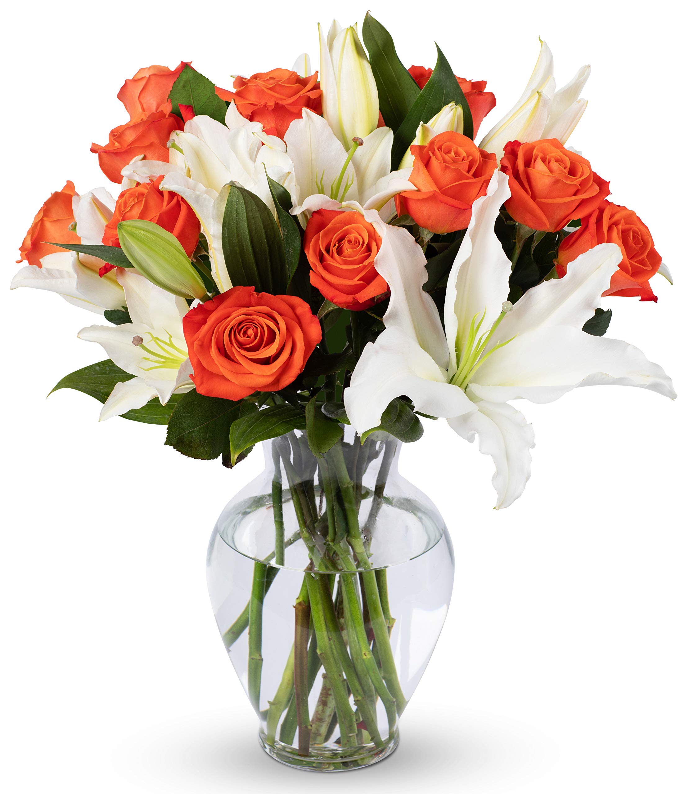 Benchmark Bouquets, Orange Roses & Lilies, Glass Vase Included, Gift Fresh Flowers for Christmas, Holiday, Birthday, Anniversary, Sympathy, Congratulations, Thank You