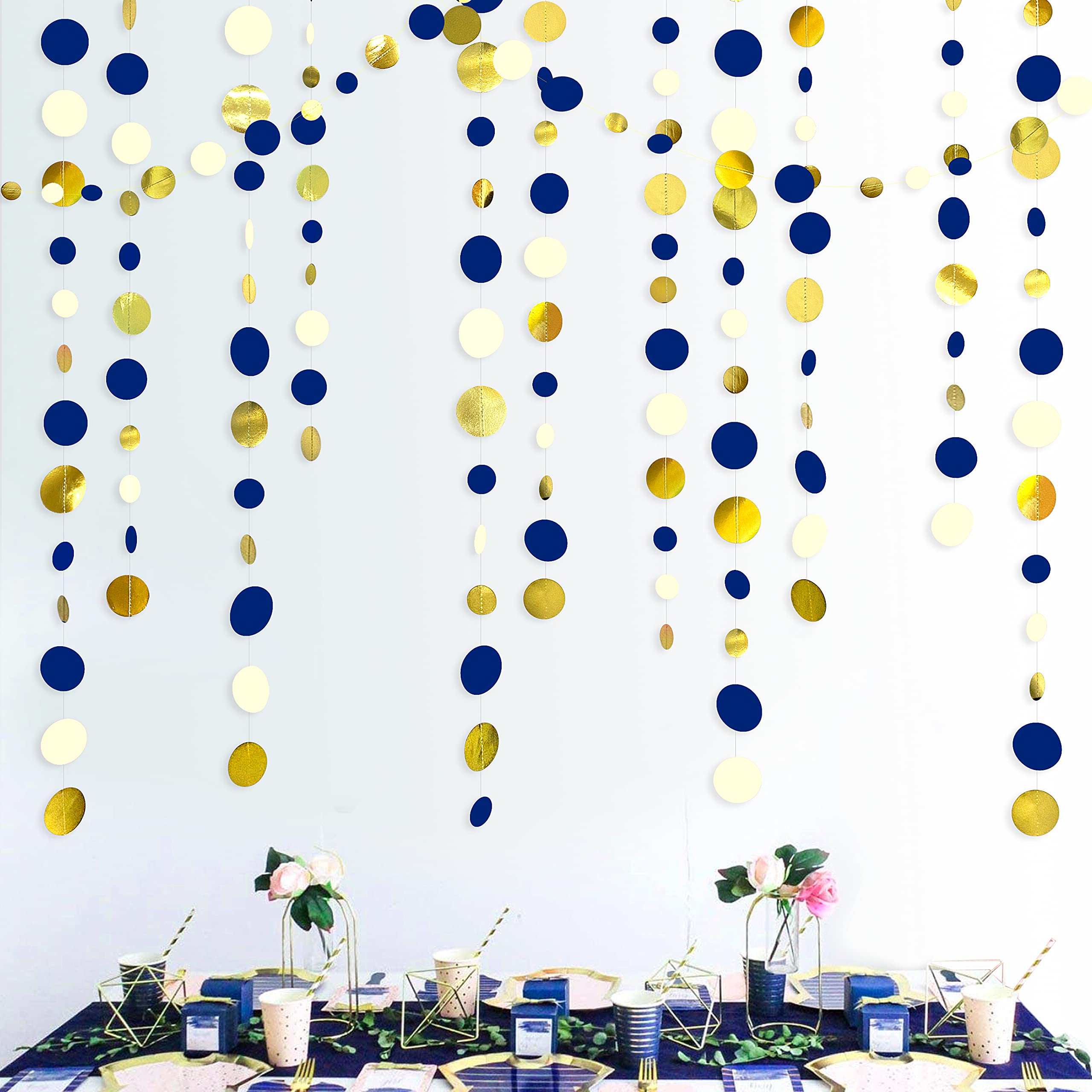 52Ft Blue Gold Circle Dots Garland Party Decorations Hanging Paper Polka Dots Streamers for Graduation Birthday Bachelorette Engagement Anniversary Wedding Bridal Baby Shower Christmas Festival Decor