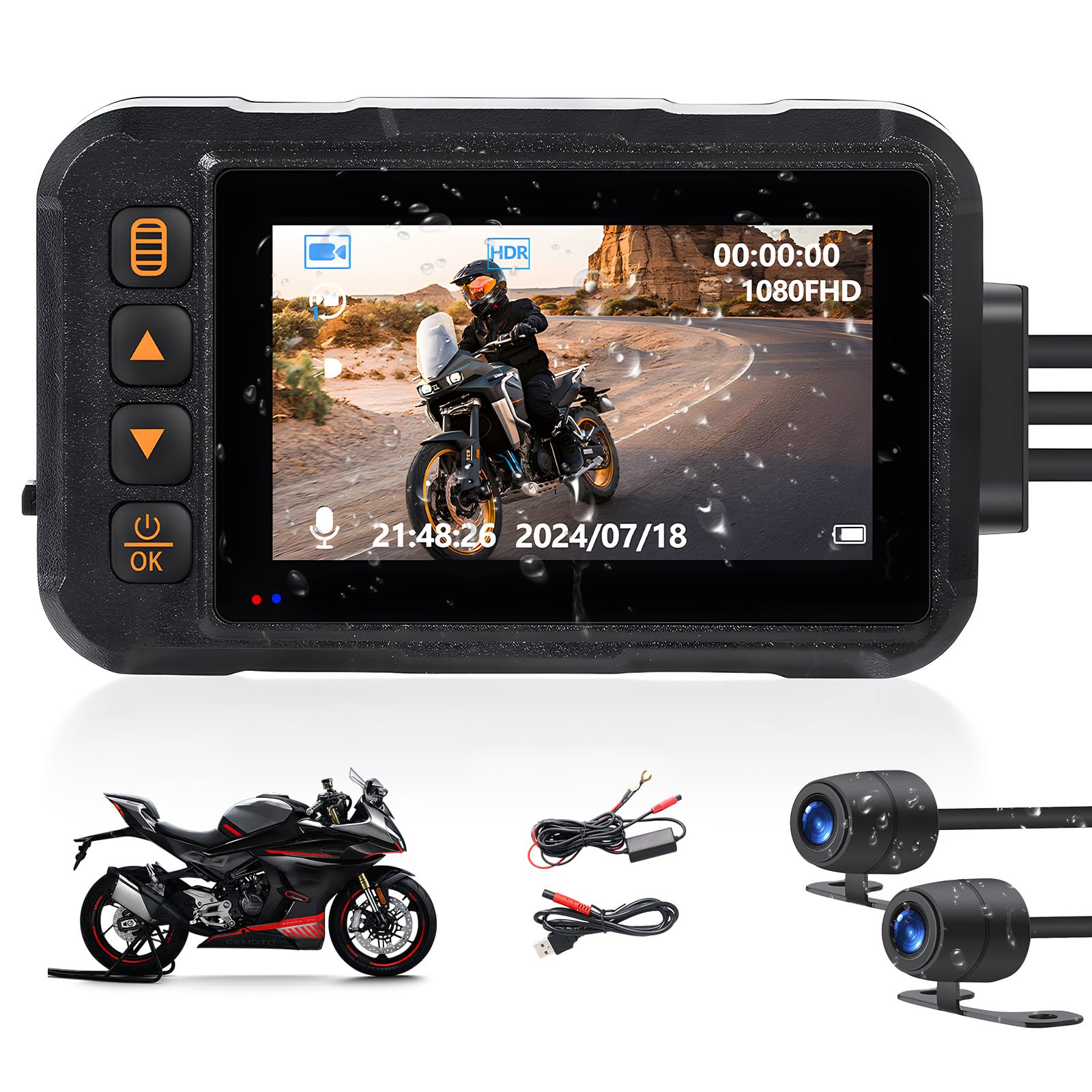 Motorcycle Dash Cam Dual HD Camera Front and Rear View,3 Inch IPS Screen 720P IP67 Waterproof 150° Wide Angle Sportbike Recording DVR with G-Sensor,Loop Recording,Night Vision,Parking Monitor+32G SD