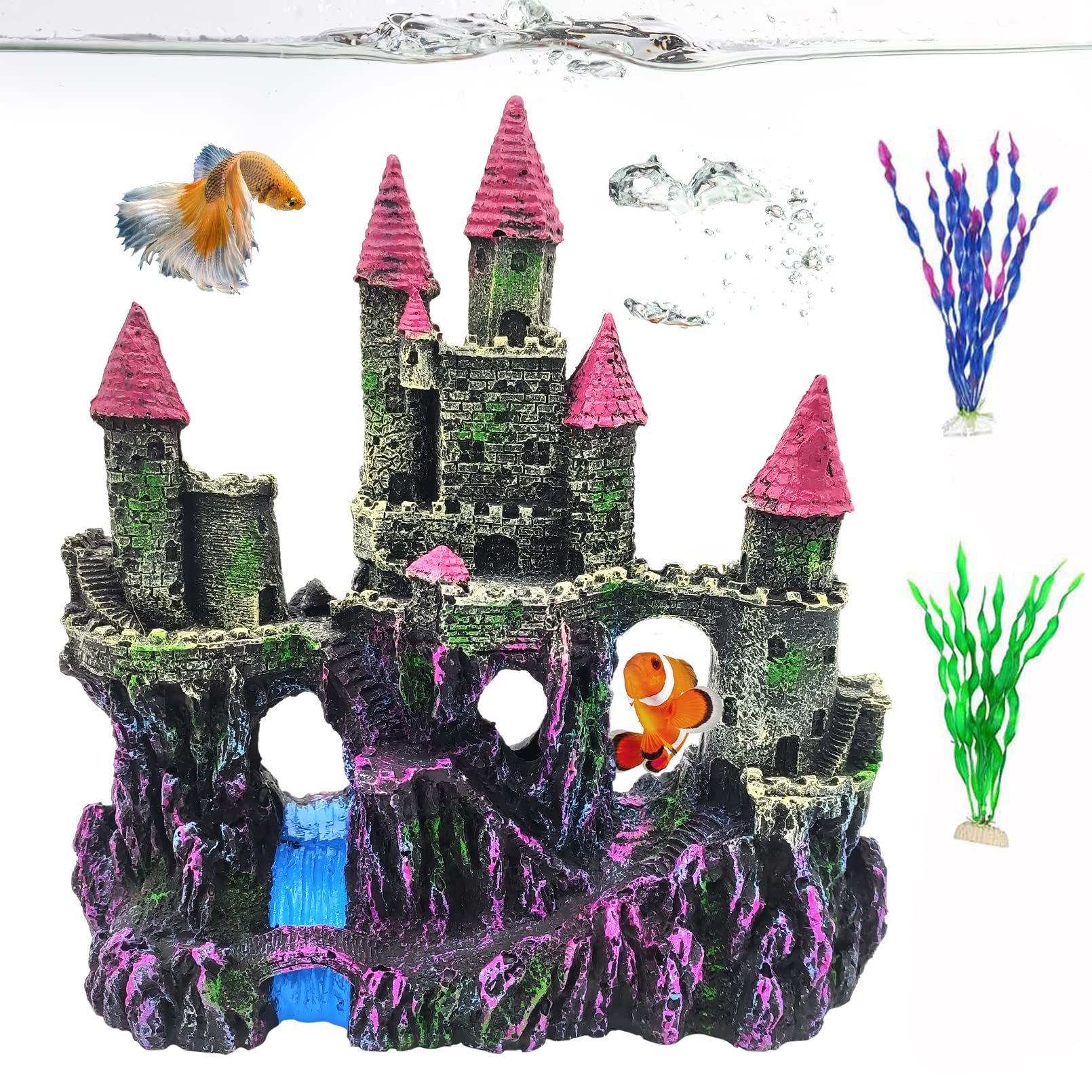 PINVNBYAquarium Resin Castle Decoration Fish Tank Driftwood Castle Cave Hideouts House Plants Supplies Accessories(Pink)