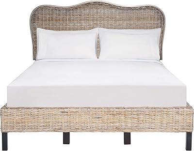 SAFAVIEH Home Collection Daejon Coastal Rattan Legs Camelback Headboard Full Size Bed BED8001A-F, Grey/Espresso