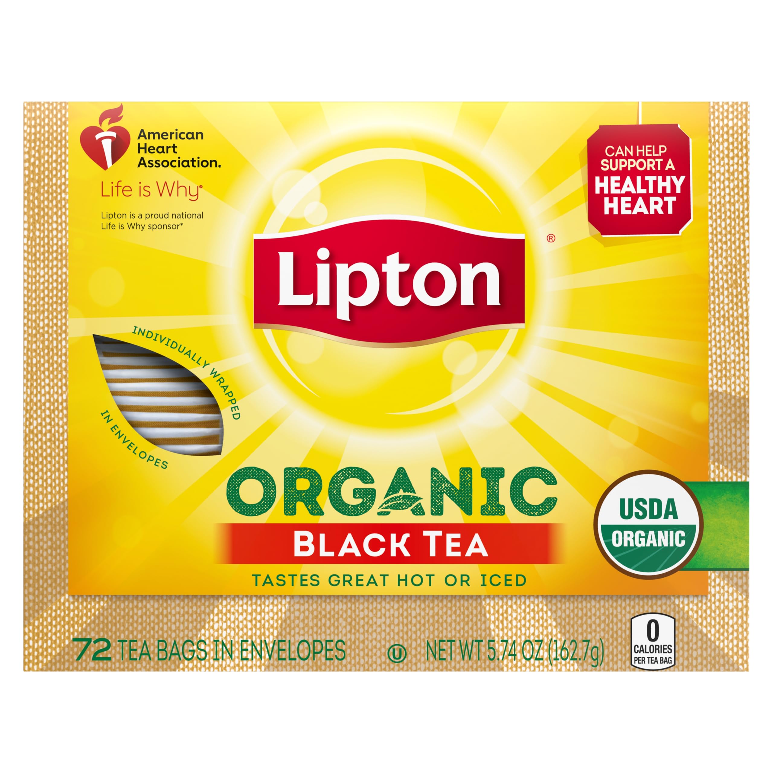 LiptonOrganic Tea Bags, Black Tea, Iced or Hot Tea, Can Support Heart Health, 72 Total Tea Bags