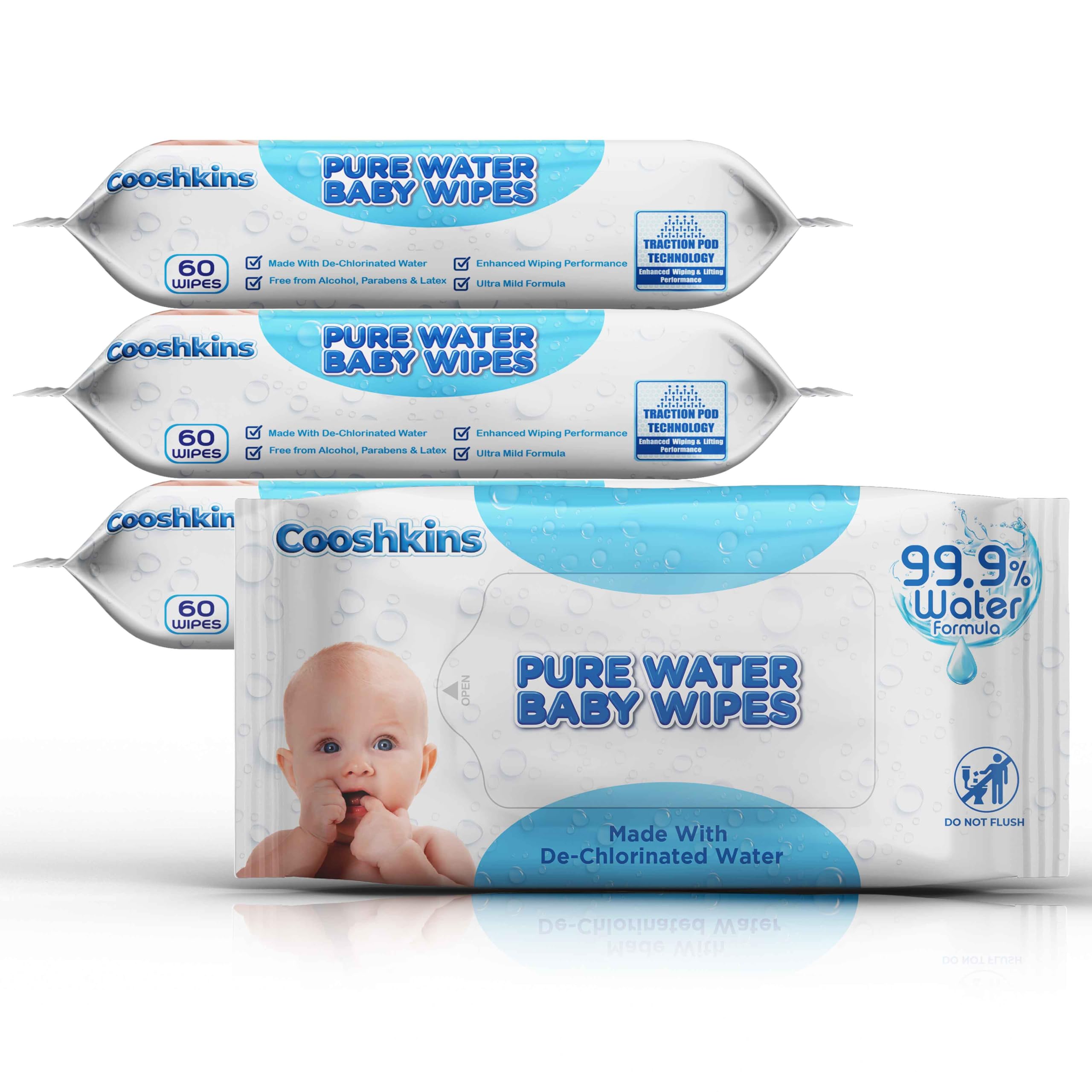 Pure Water Baby Wipes - 99.9% Water-Based, Plastic-Free & Unscented for Sensitive Skin 240 Wipes (60 Count (Pack of 4) Mothers Recommended Bulk Buy