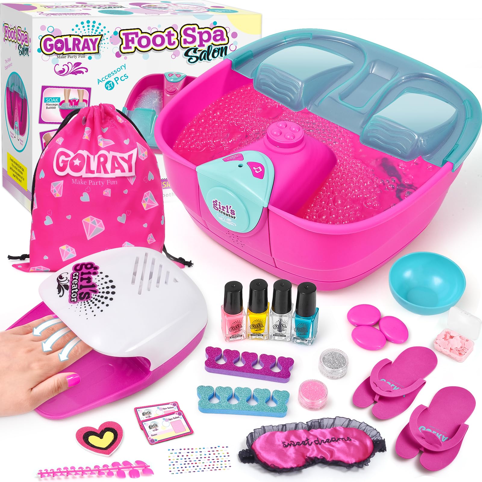 Golray Kid Foot Spa & Nail Kit, Girl Gift for 5 6 7 8-12 Year Old Toys Manicure Pedicure Art Salon, Massage Bubble & Music Foot Soak Tub, Spa Day Sleepover Party Supply Christmas Girl Birthday Gift