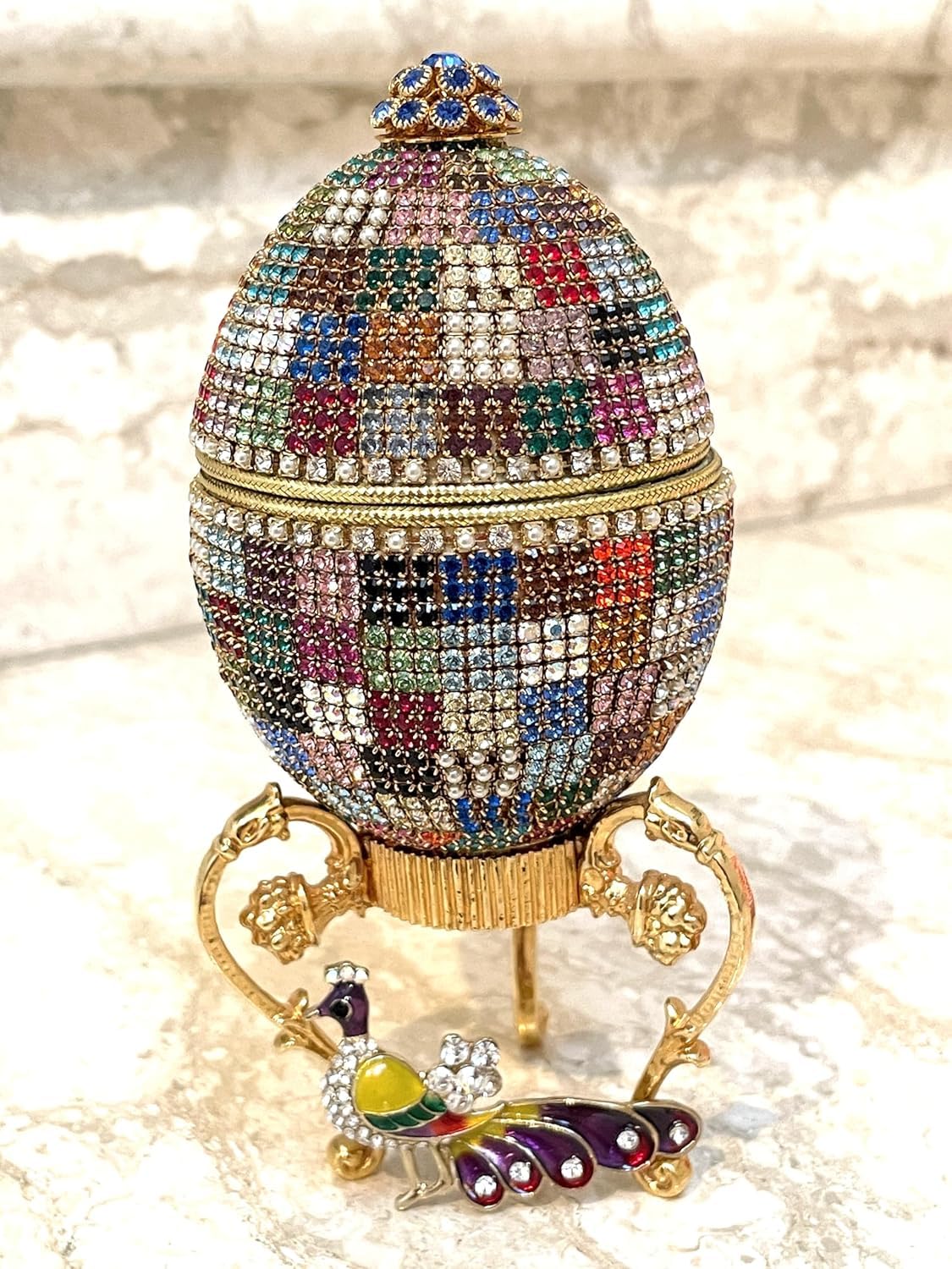 ONE OF A KIND Majestic Peacock Gift Unique Peacock Fabrege egg Trinket box Musical Fabrege Style Eggs Pure Gold decor Symbolic Wedding Gift Bridal Shower present 30th Anniversary Birthday gift for her