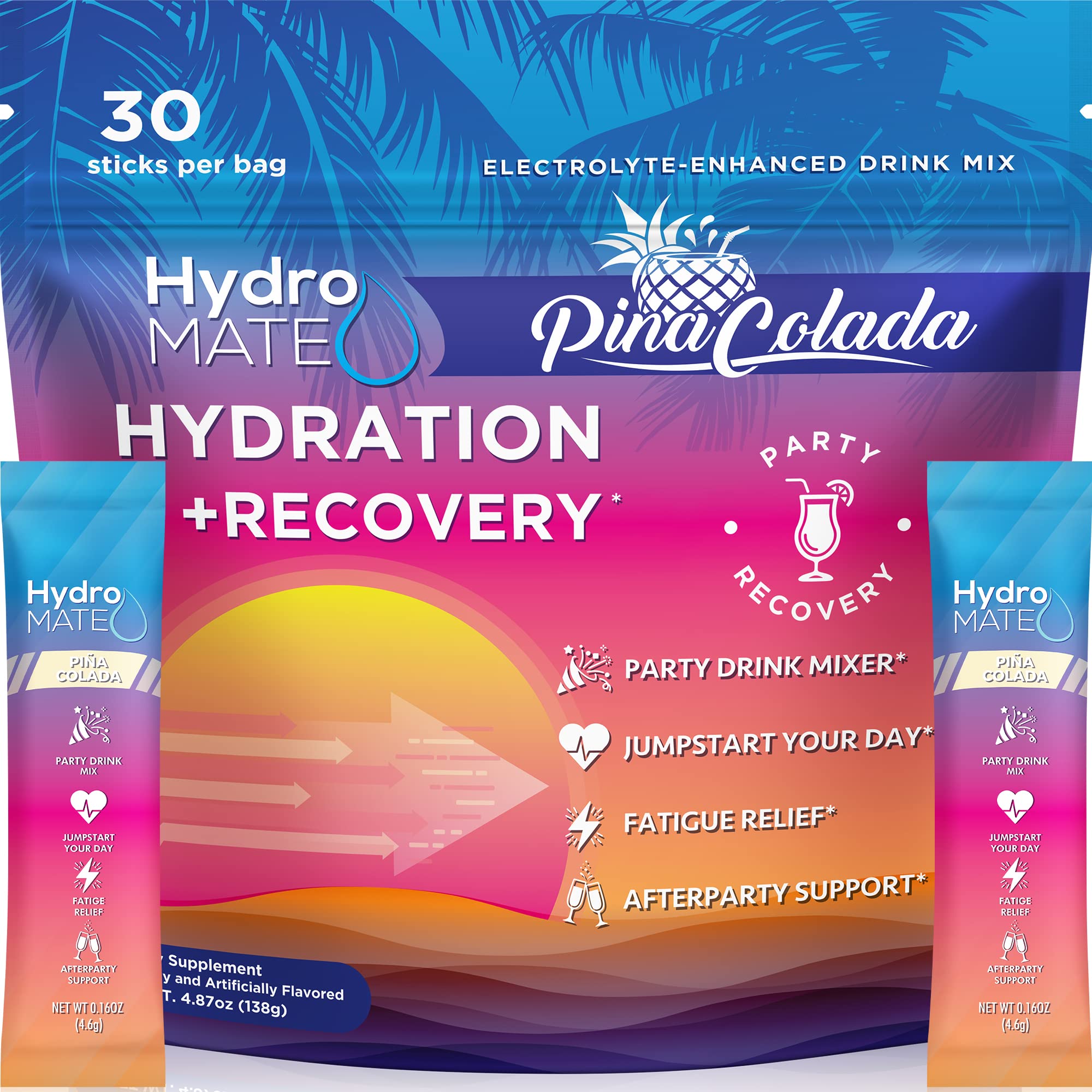 NatureWorksHydroMATE Electrolytes Powder Packets Pineapple Hydration Accelerator Low Sugar Party Favors for Recovery Tropical Pina Colada 30 Count