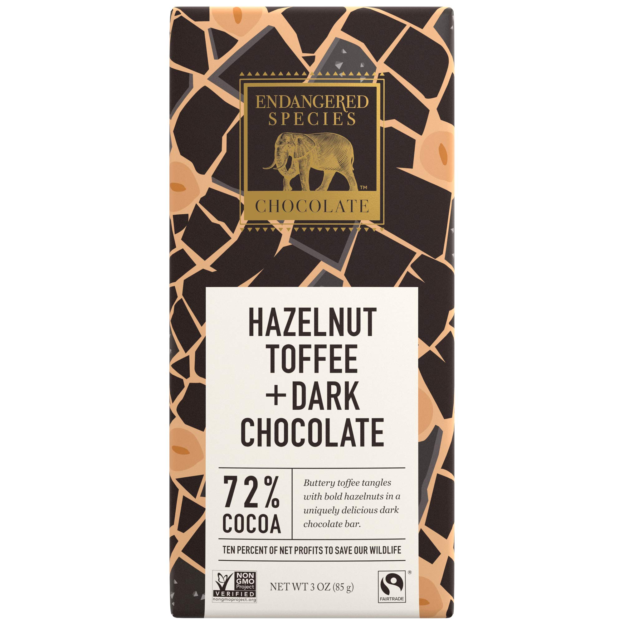 Endangered Species ChocolateBars, Hazelnut Toffee Natural Rich Dark Chocolate, 72% Cocoa combined with premium tasty hazelnuts, Gluten Free, 3-Ounce Bars (Pack of 12)