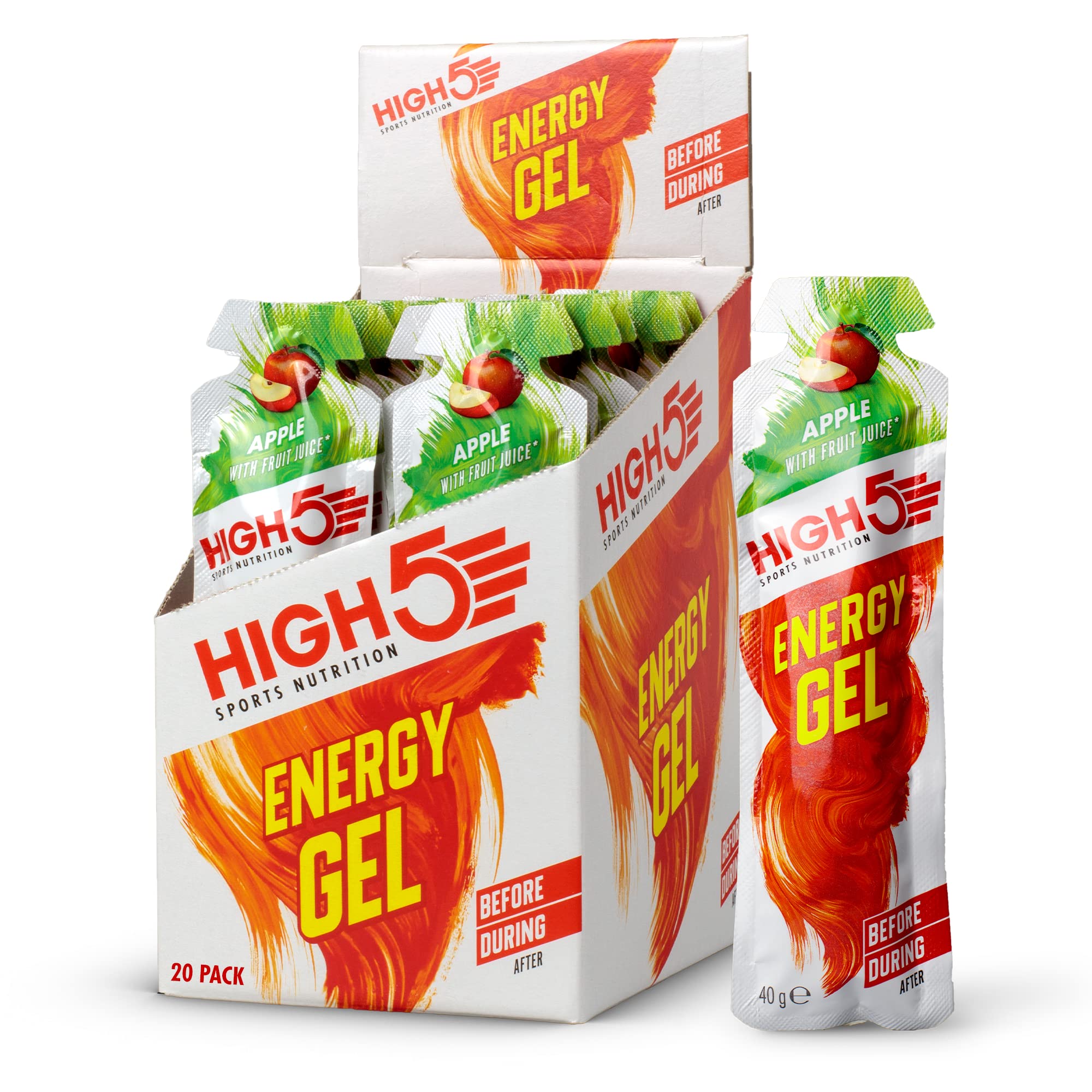 HIGH5 Energy Gels - Quick Release Sports Gels to Power Muscles for Peak Performance - Natural Fruit Juice & Caffeine-Free - On The Go Energy Boost for Running, Cycling and Endurance (Apple, 20 x 40g)