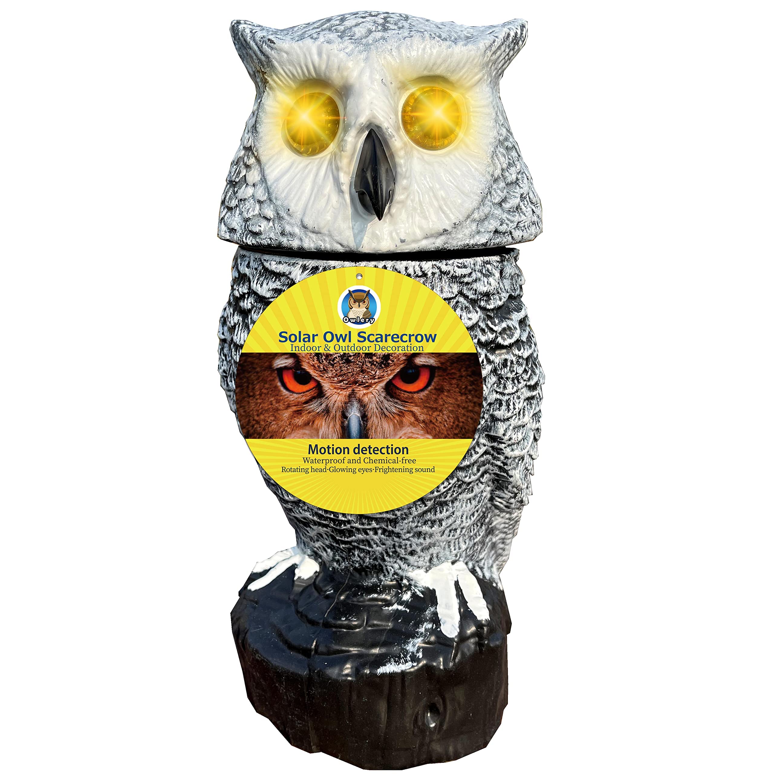 Snowy Solar Owl with Motion Detector, Flashing Eyes, Spinning Head, Realistic Hooting and Silent Mode, Garden Owl, Outdoor Statue, Winter Garden Decoration for Home, Garden, Patio and Fence