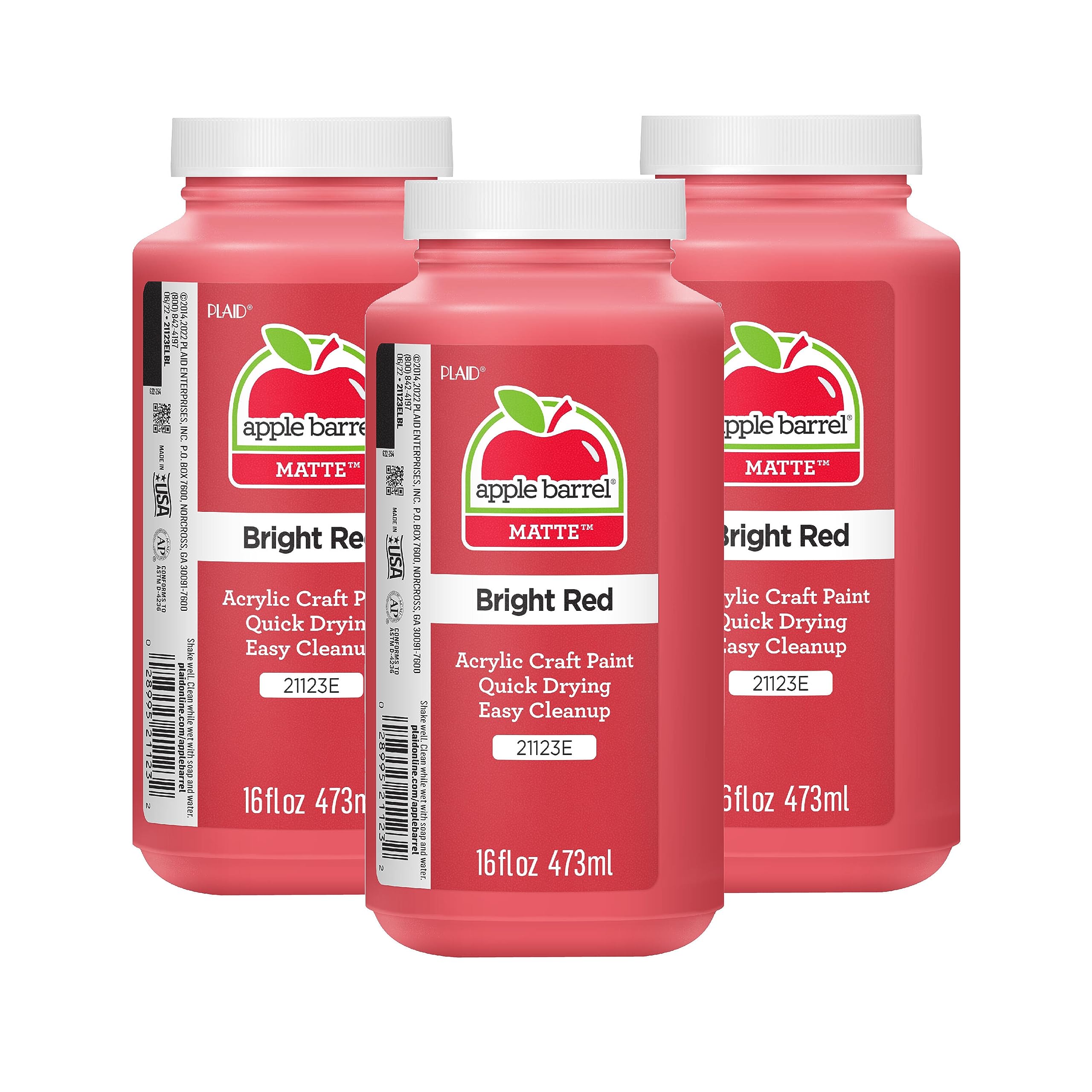 Apple Barrel Acrylic Paint in Assorted Colors (16 Ounce), 21123A, Bright Red (Pack of 3)