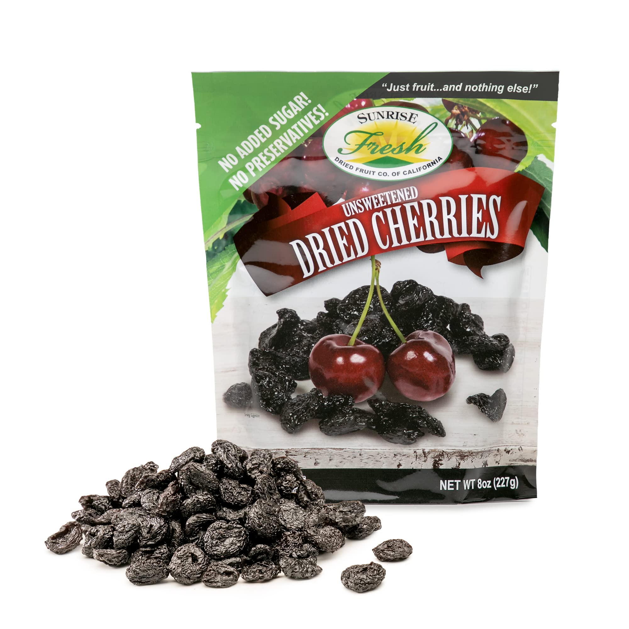 Sunrise Fresh 8oz Unsweetened Dried Cherries, No Sugar Added - Healthy Dry Fruit Snack.