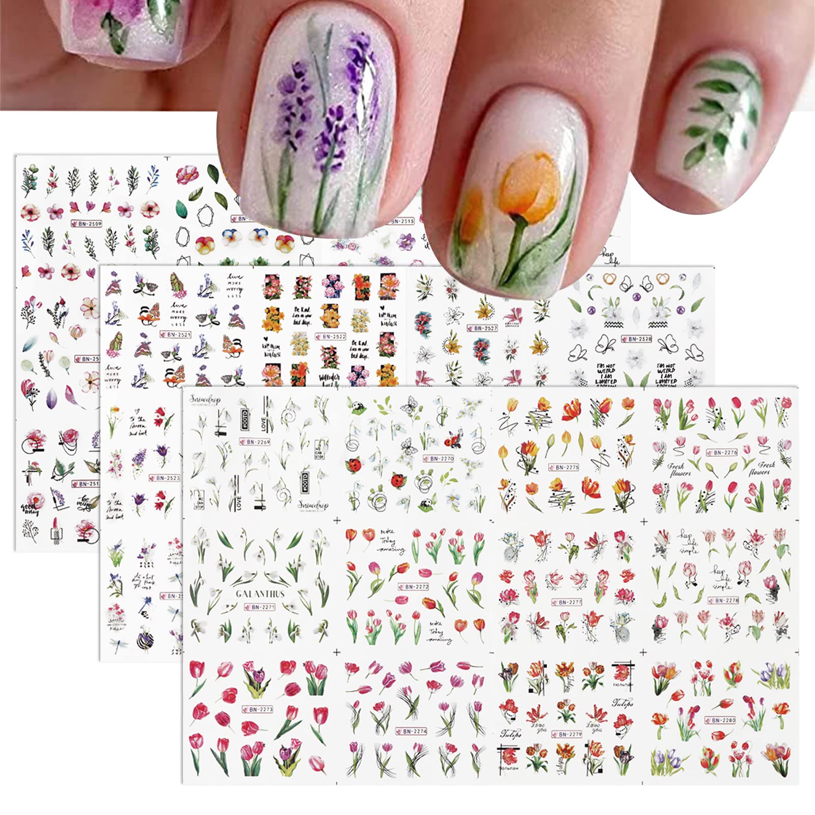 3 Large Sheets Water Transfer Flower Nail  Art   Stickers  Spring Summer Style Nail Decals Self-Adhesive Flowers Nail Sticker Manicure Tips DIY Nail  Art  Nail Decorations for Women Girls 36 Small Sheets