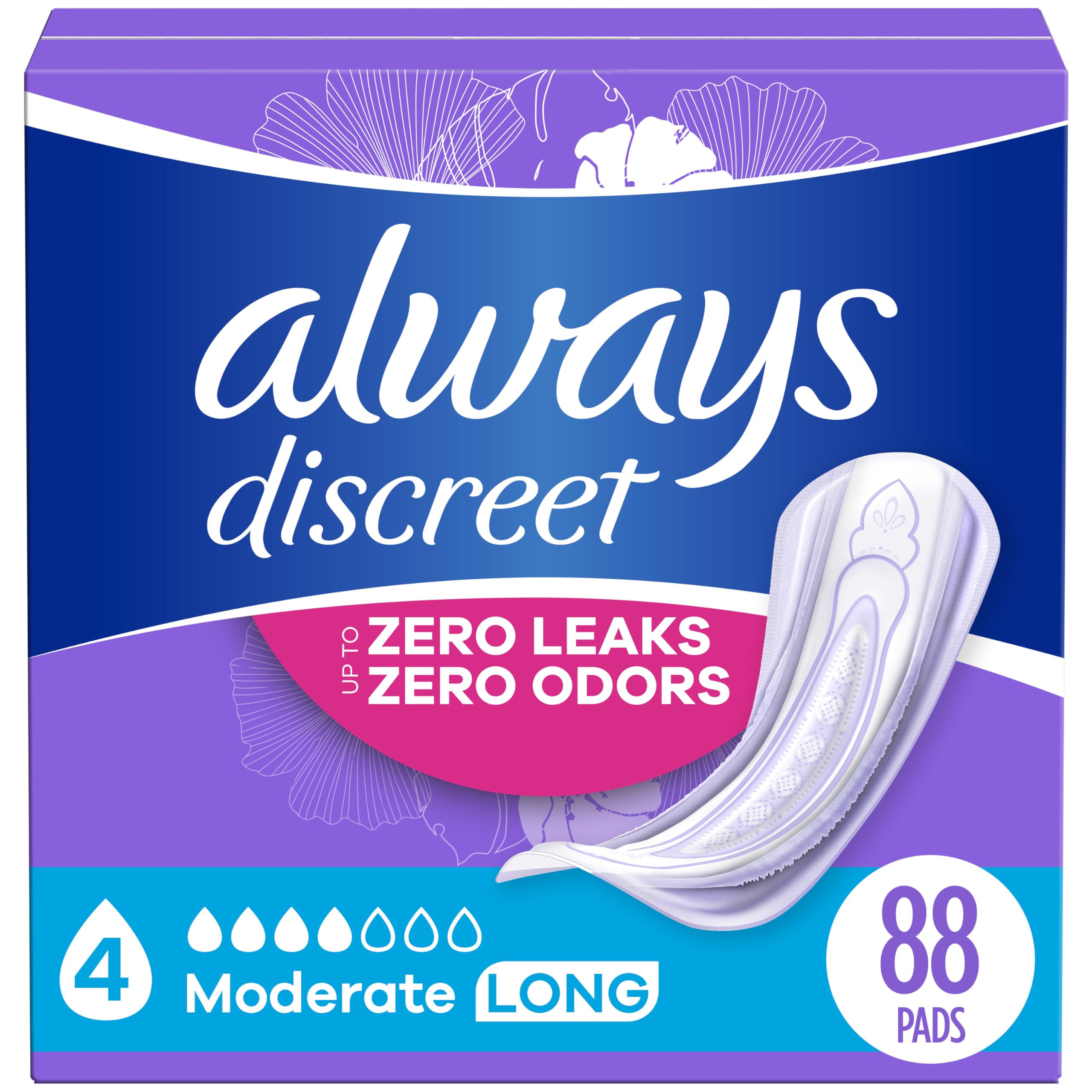 ALWAYS DISCREETAdult Incontinence Pads for Women, Moderate Absorbency, Long Length, Postpartum Pads, 88 CT