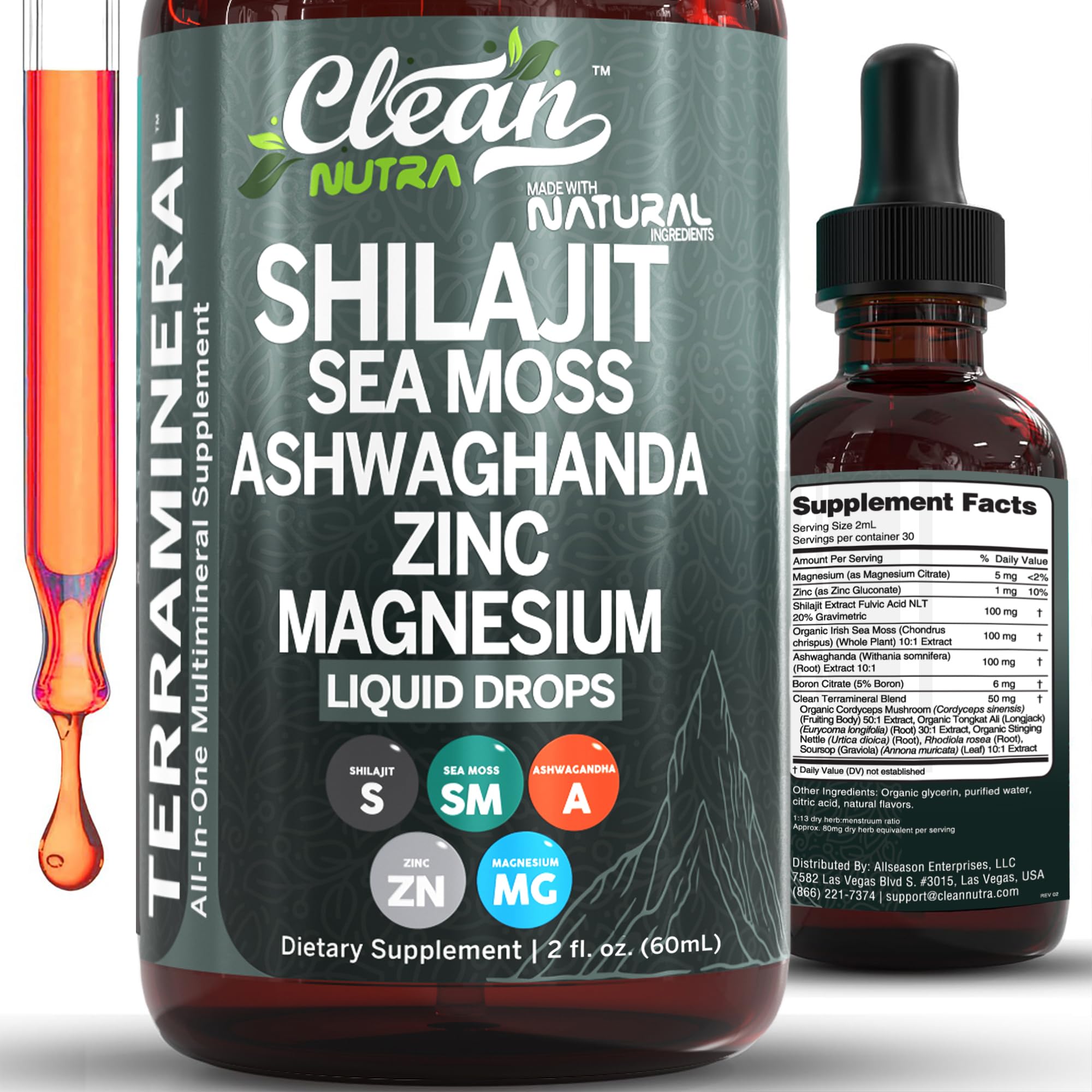 Shilajit Liquid Drops with Sea Moss, Ashwagandha, Zinc, Magnesium, Liquid Vitamins for Women and Men - Terra Mineral by Clean Nutra