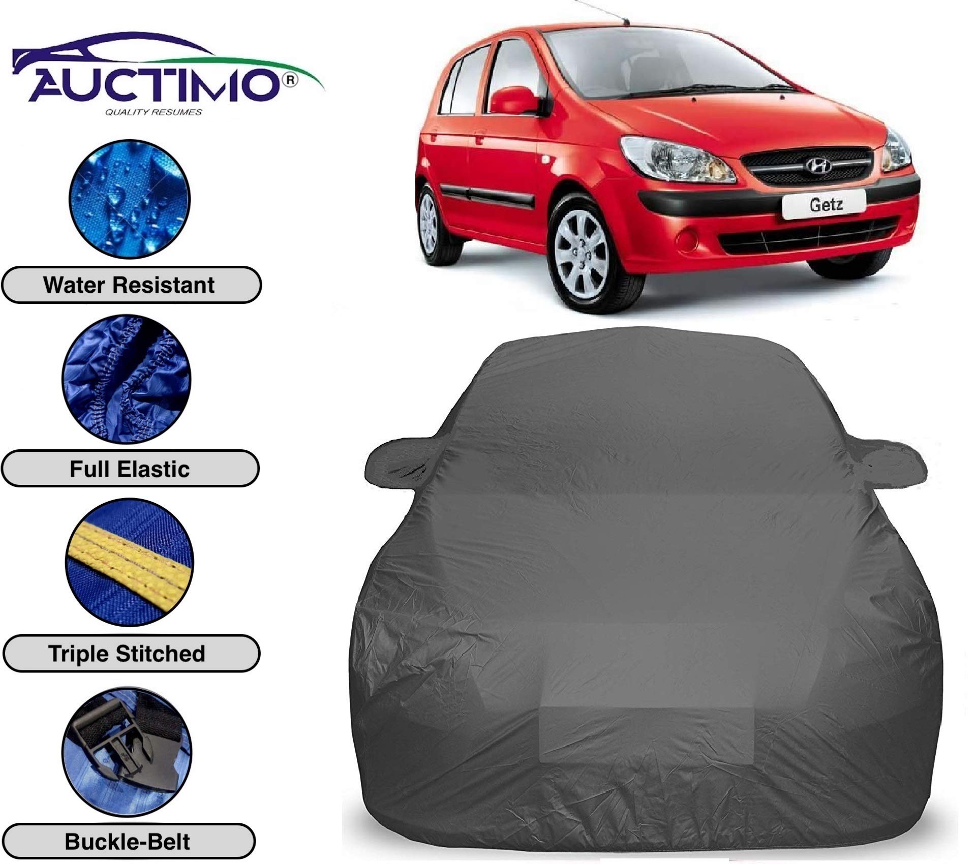 AUCTIMO® Hyundai Getz Car Cover Waterproof / Getz Car Cover / Hyundai Getz Cover / Hyundai Getz Body Cover / Car Cover Getz Hyundai With Triple Stitched Fully Elastic Ultra Surface Body Protection (Grey Look)