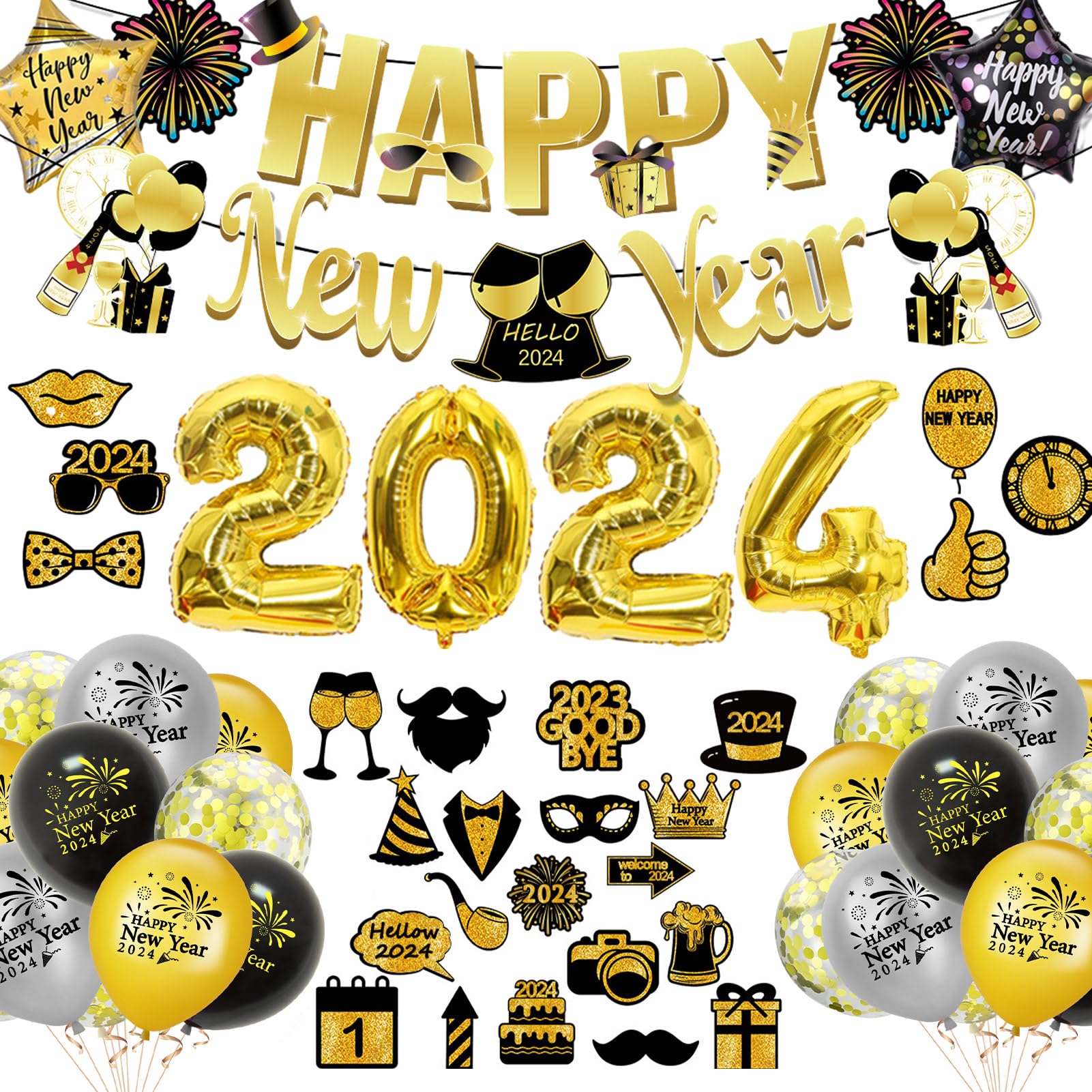 Amycute 2024 Happy New Year Eve Party Decoration, 2024 Giant Foil Balloons Happy New Year Banner Black Gold Confetti Balloons for New Year Photo Booth Props Photo Background