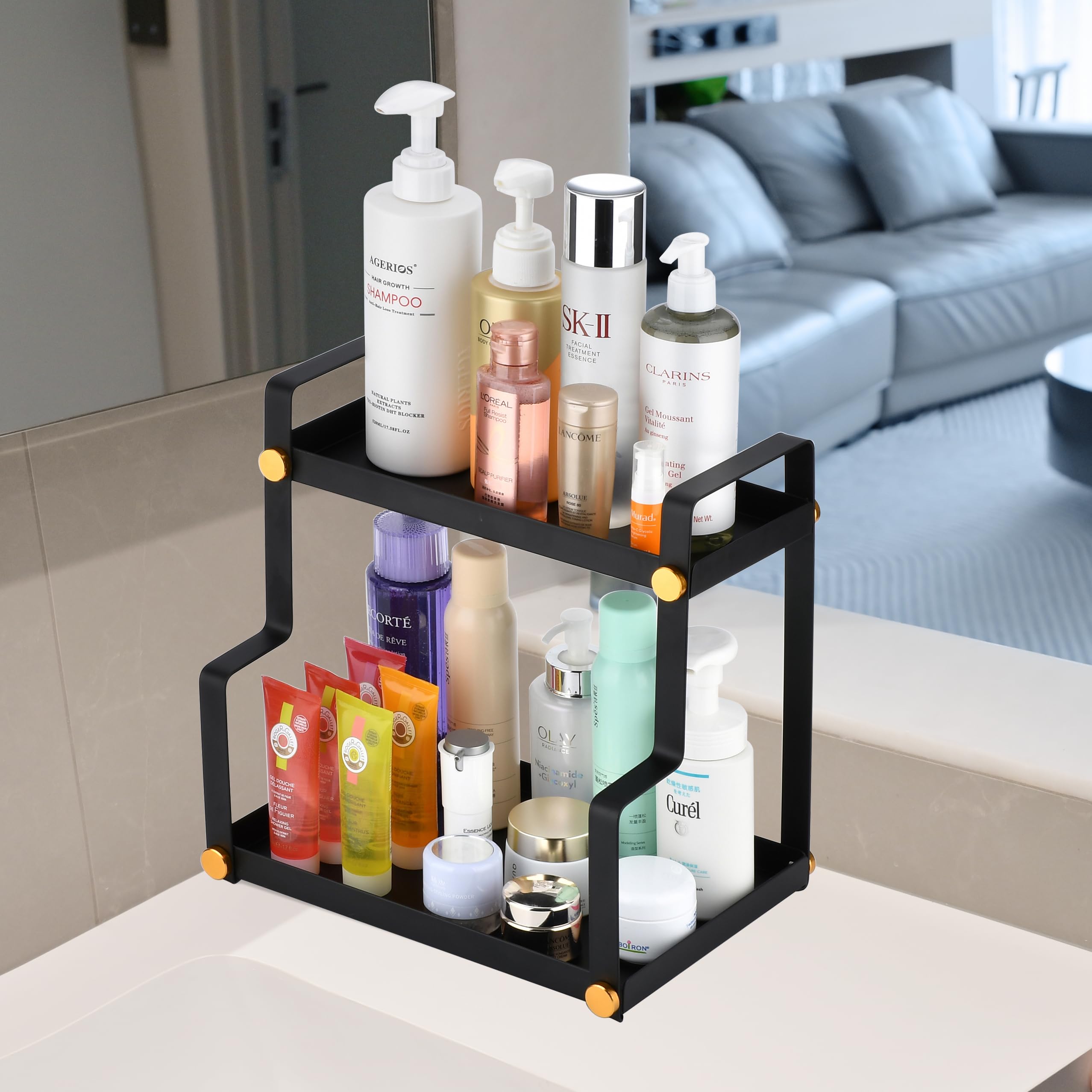 FFK 2 Tier Bathroom Countertop Organizer,Cosmetic Organizer,Storage Shelf for Bathroom,Ideal for Cabinet, Countertop, Pantry, and Desktop, for Bathroom, Kitchen, Office(Black)