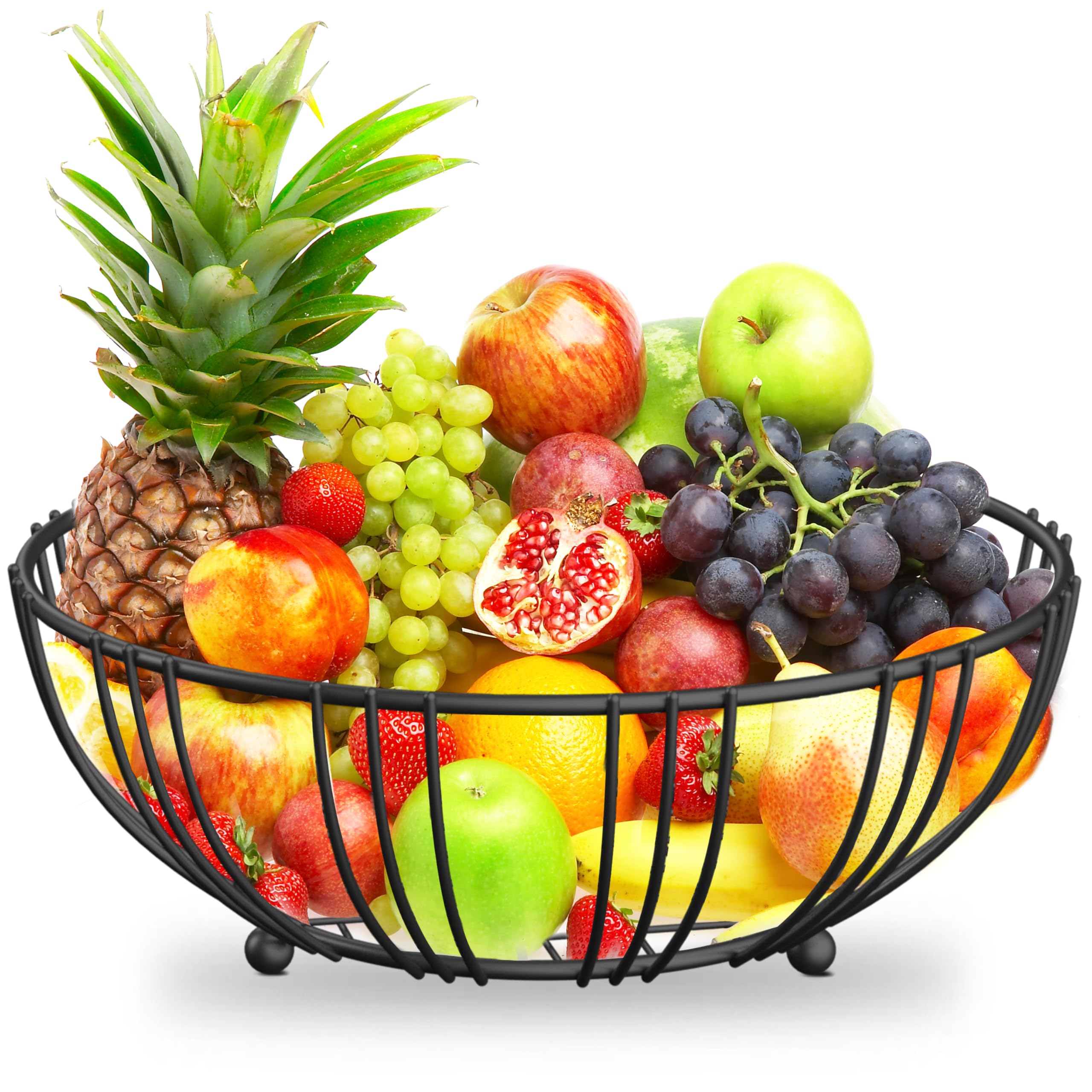 RICCLE Fruit Basket For Kitchen Counter - Fruit Basket With Banana Hanger - Double Layer Metal Wire Fruit Bowl For Kitchen Countertop - Fruit Holder For Produce, Vegetables, Kitchen (1 Tier)