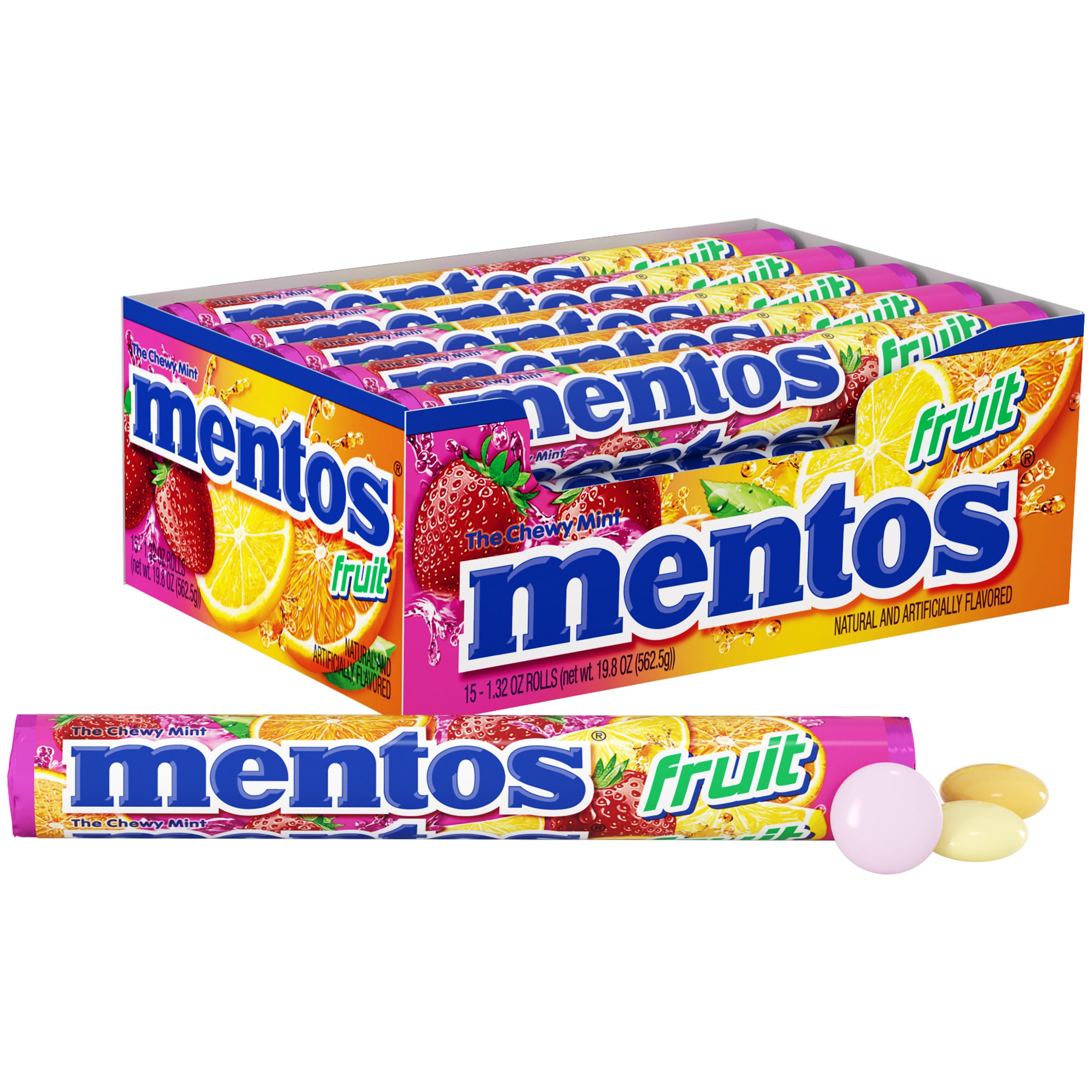 Mentos Chewy Candy Mint Roll, Fruit, Holiday Christmas Stocking Stuffers for Adults & Kids, Party, Concessions, Office, Non-Melting, 14 Count (Bulk Pack of 15) - Packaging May Vary