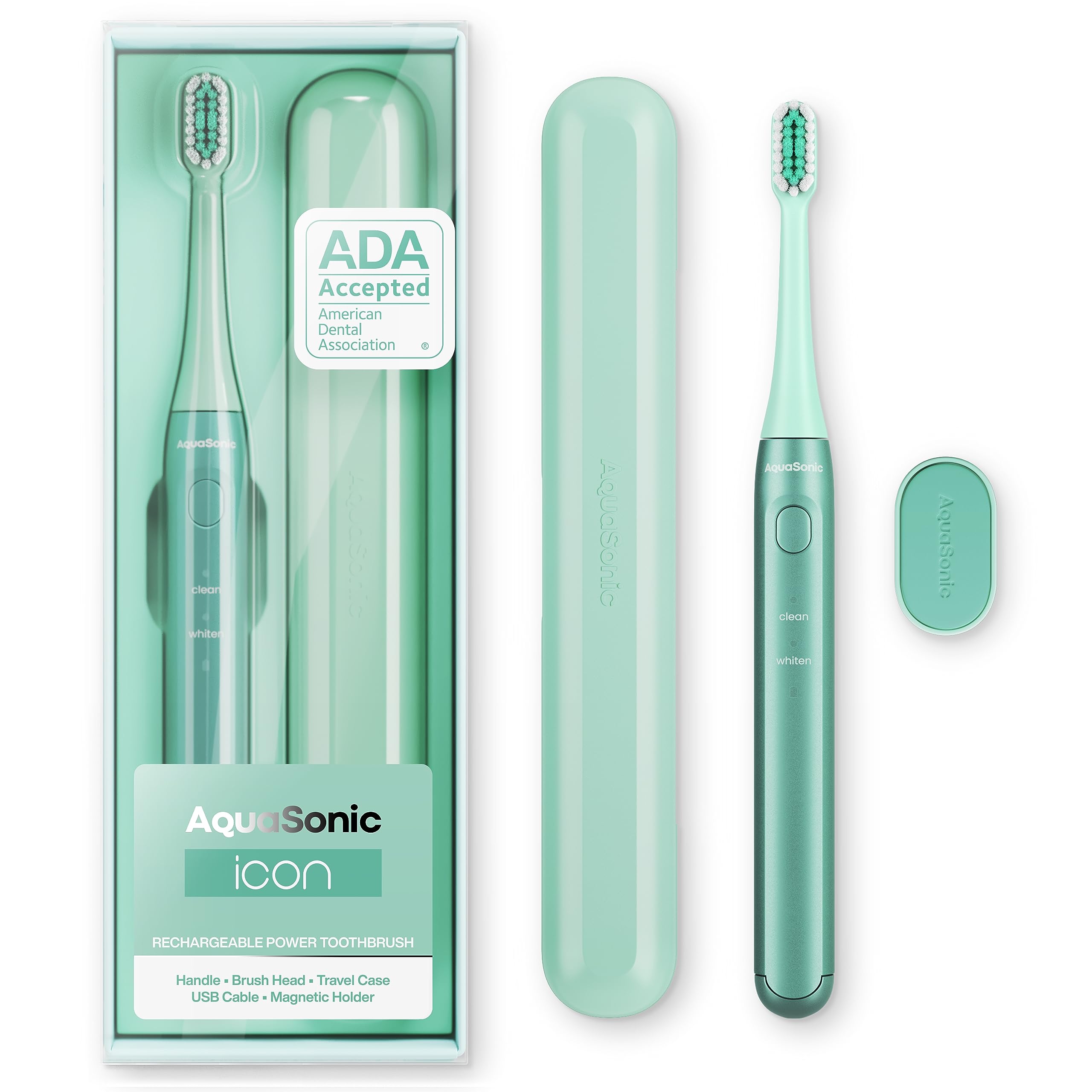 Aquasonic Icon ADA-Accepted Rechargeable Toothbrush | Magnetic Holder & Slim Travel Case | 2 Brushing Modes & Smart Timers | Gentle Micro-Vibrations (Mint)