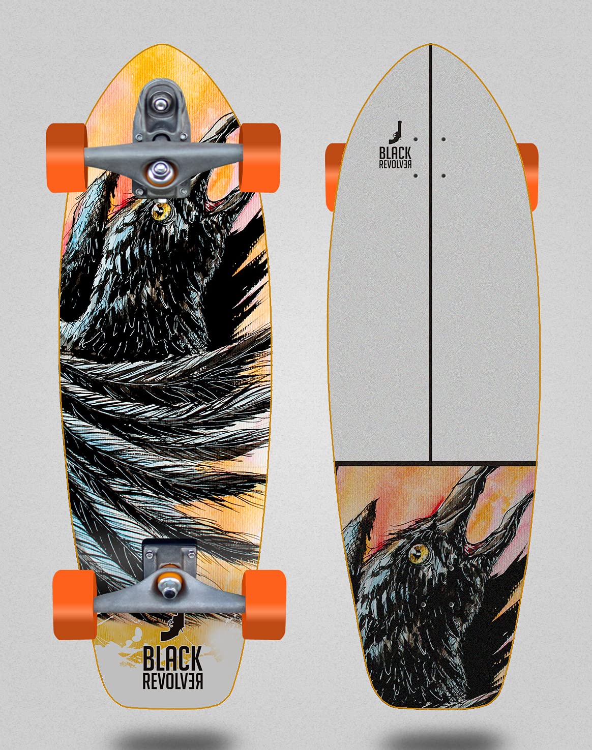 Black Revolver surfskate with Glutier T12 Trucks Surf Skate Acril Raven 31