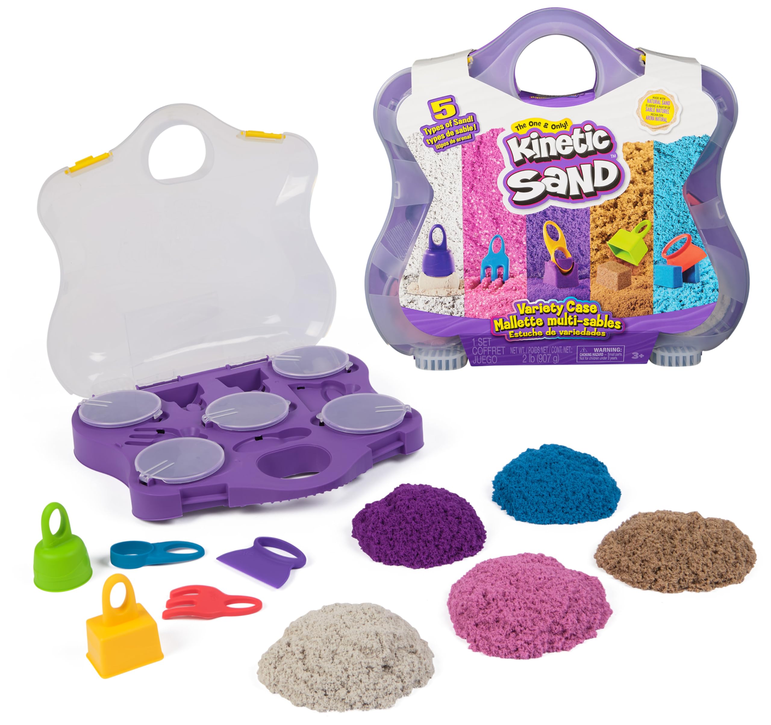 Kinetic SandVariety Case with Beach, Neon & Shimmer Play Sand (2lbs) & 5 Tools, Reusable Storage, Sensory Toys for Kids Ages 3 and up