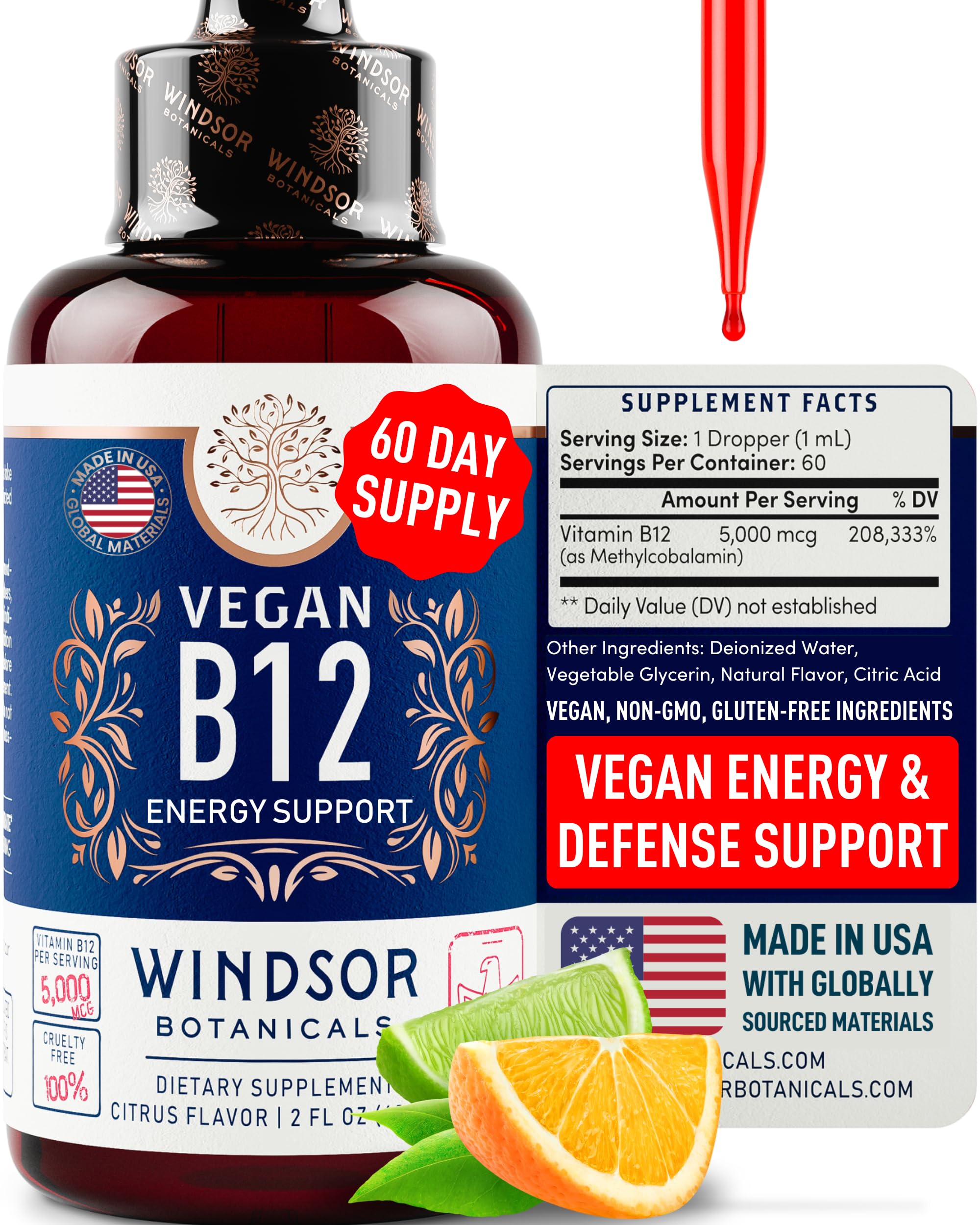 Vegan Vitamin B12 Liquid - Max Strength B12 Vitamins 5000 mcg Methylcobalamin Supplement - Liquid Vitamin B12 Sublingual Drops - Liquid B12 Vitamins Mood, Energy Support - Citrus Flavor B 12, 2oz