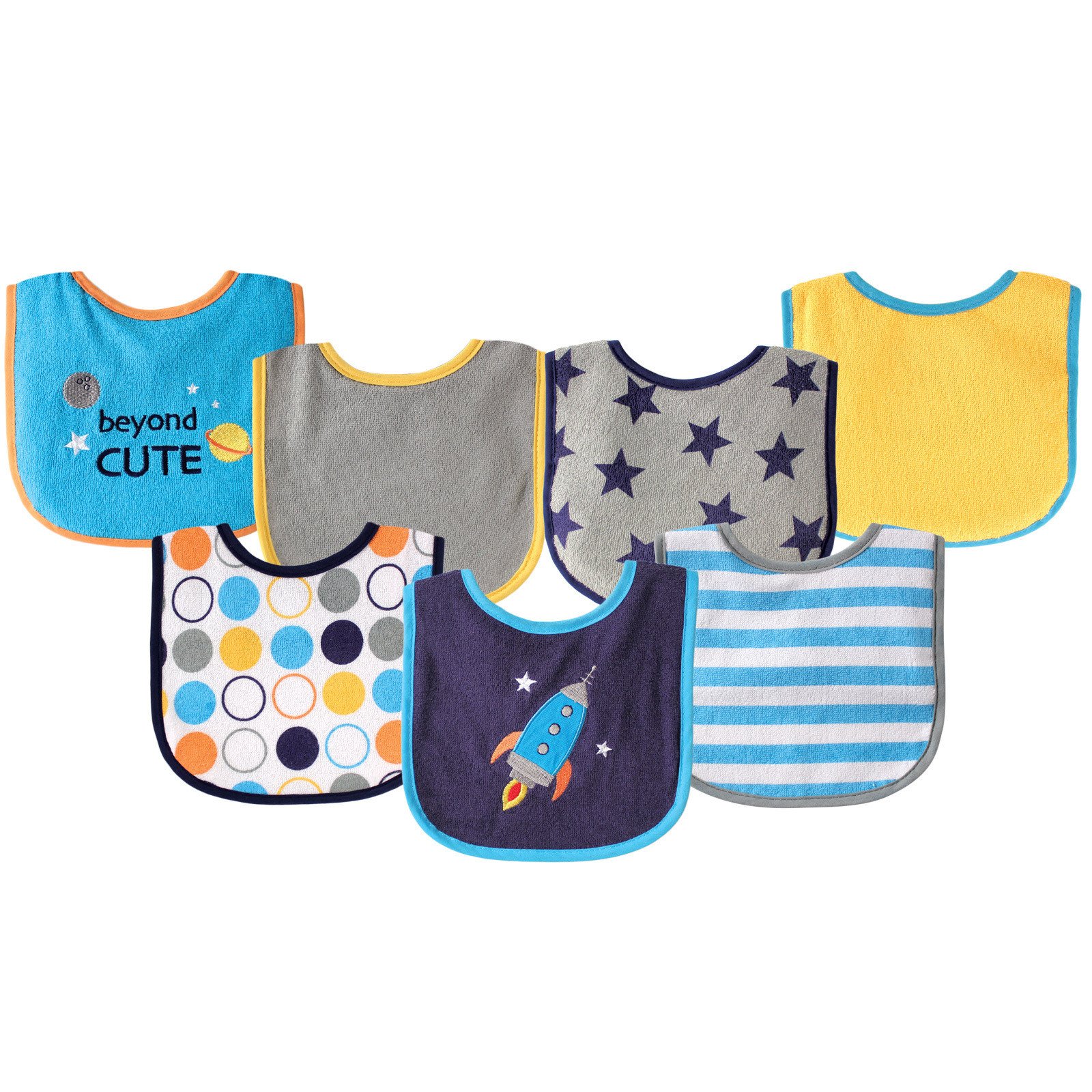 Luvable Friends Unisex Baby Cotton Terry Drooler Bibs with PEVA Back, Blue Rocket, One Size