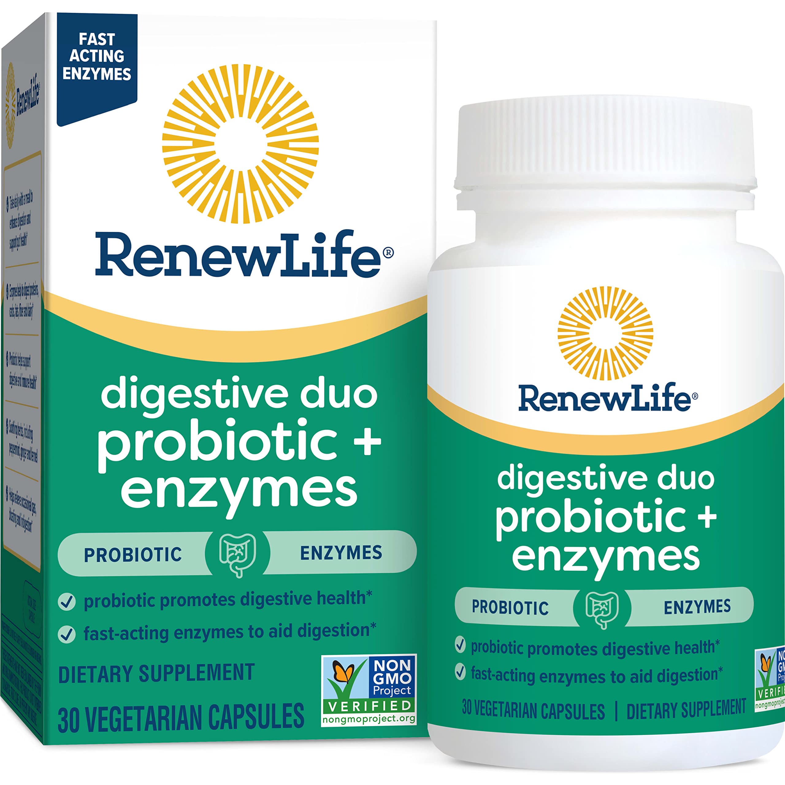 Renew LifeDigestive Duo Probiotic + Enzymes; Probiotic Promotes Digestive Health; Fast-Acting, Potent Digestive Enzymes to Aid in Digestion; Non-GMO Project Verified; 30 Vegetarian Capsules*