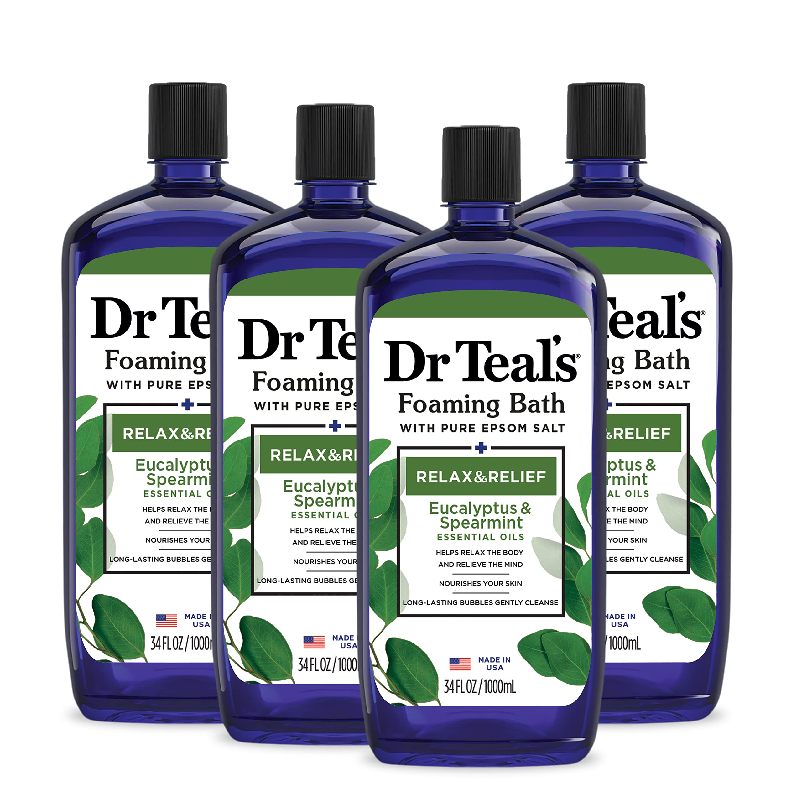 Dr Teal'sFoaming Bath with Pure Epsom Salt, Relax & Relief with Eucalyptus & Spearmint, 34 fl oz (Pack of 4) (Packaging May Vary)