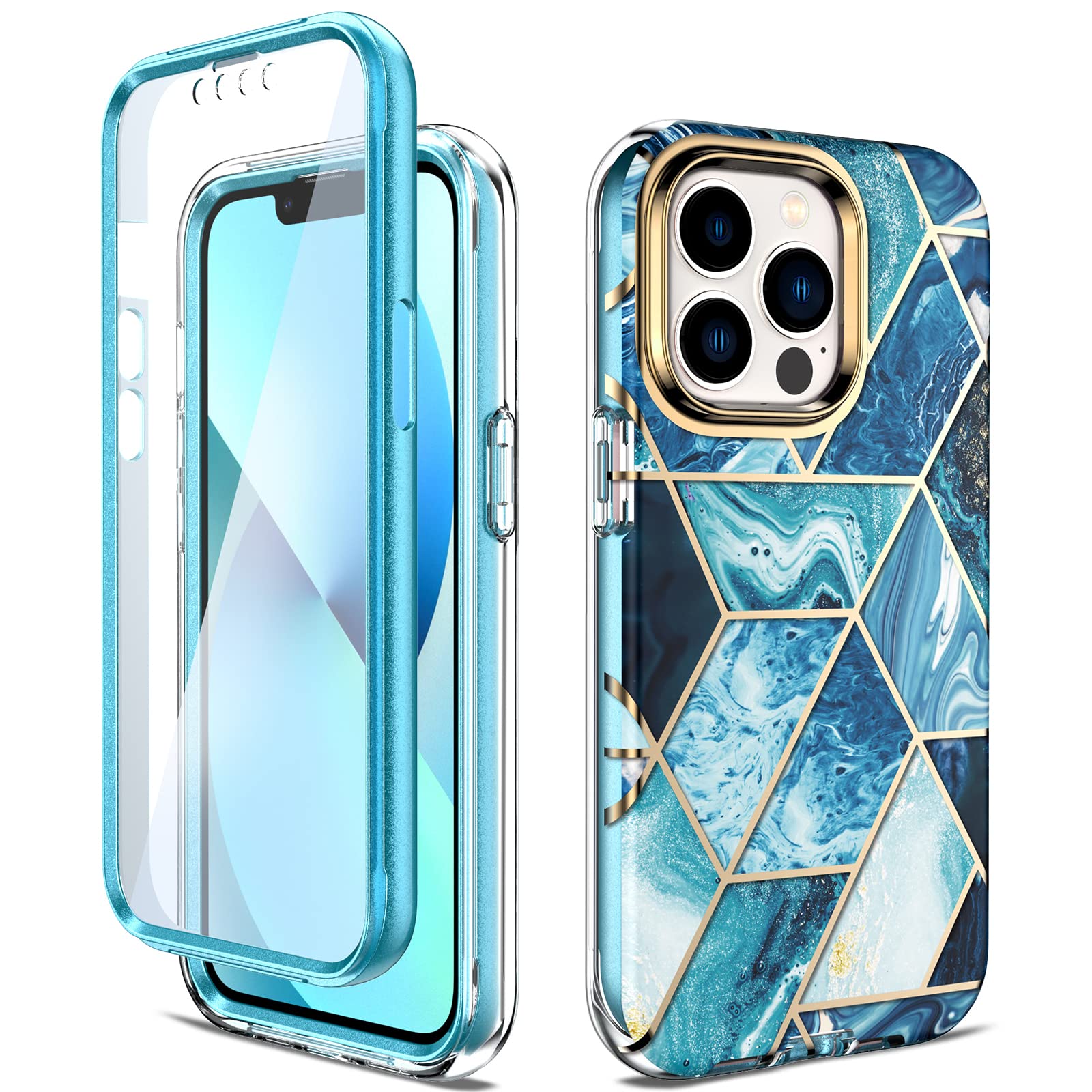 GOLINKMarble Series Tough Mobile Phone Case for iPhone 13 Pro 6.1 inch (2021 Release), Slim Full Body Stylish Protective Case with Built-in Screen Protector(Blue)