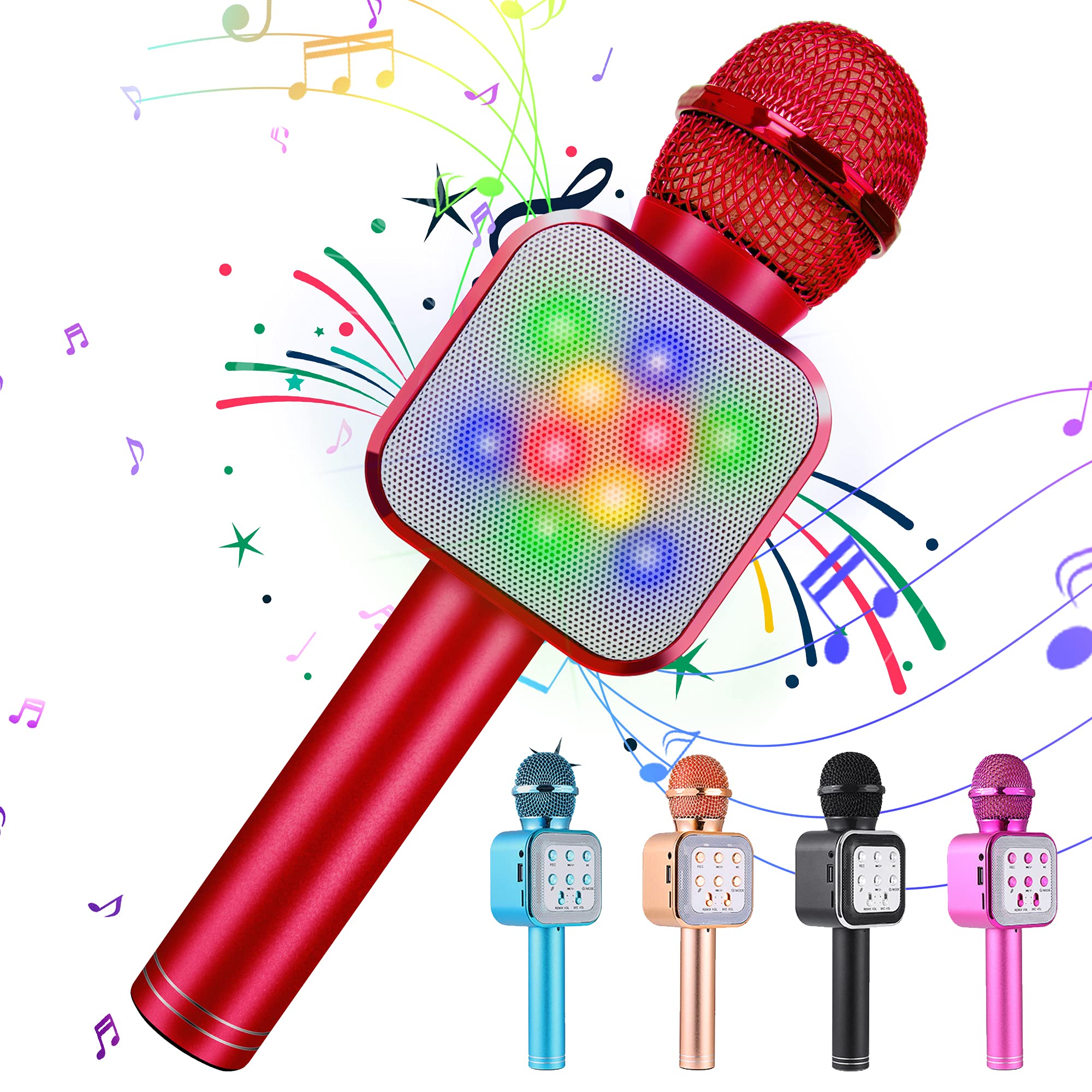 Bluetooth Karaoke Microphone for Kids,Wireless 5 in 1 Karaoke Microphone with LED Lights,Portable Microphone for Kids Age 3-12,Best Gifts Birthday for Teens Girl Boys(Red)