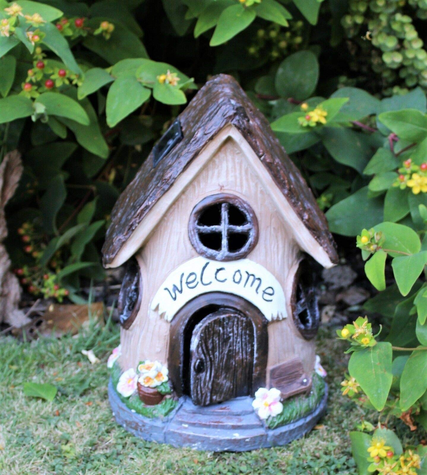 Fairy House Solar Powered secret Garden Ornament Pixie Decor Outdoor Decorative Home Light up Pathway Lawn Welcome Sign Statues Figurine 31cm Tall