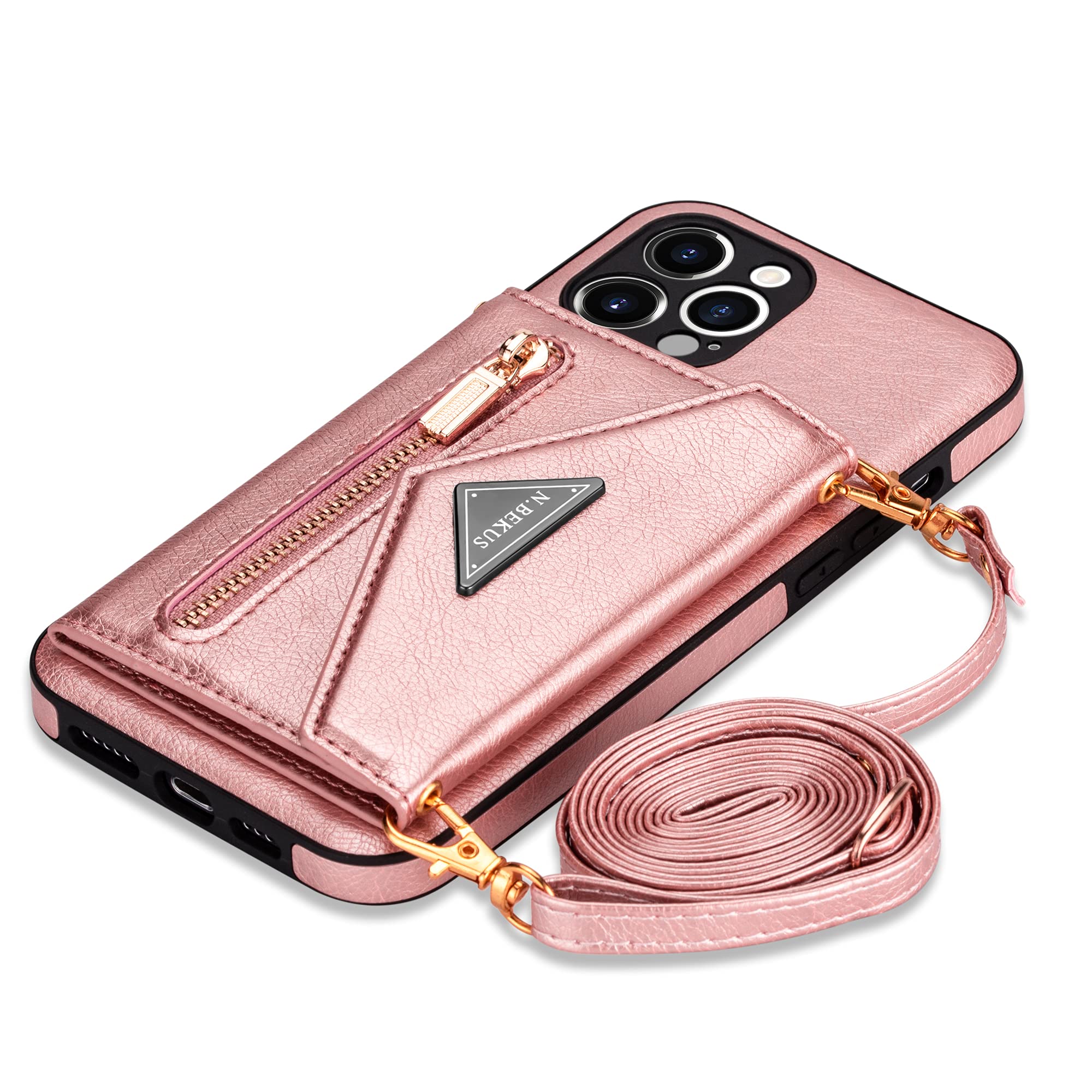 SZHAIYU Wallet Crossbody for iPhone 13 Pro Max Phone Case with Lanyard Strap Credit Card Holder 6.7'', PU Leather Protective Handbag Zipper Purse Kickstand Cover Women Girl (Pink)