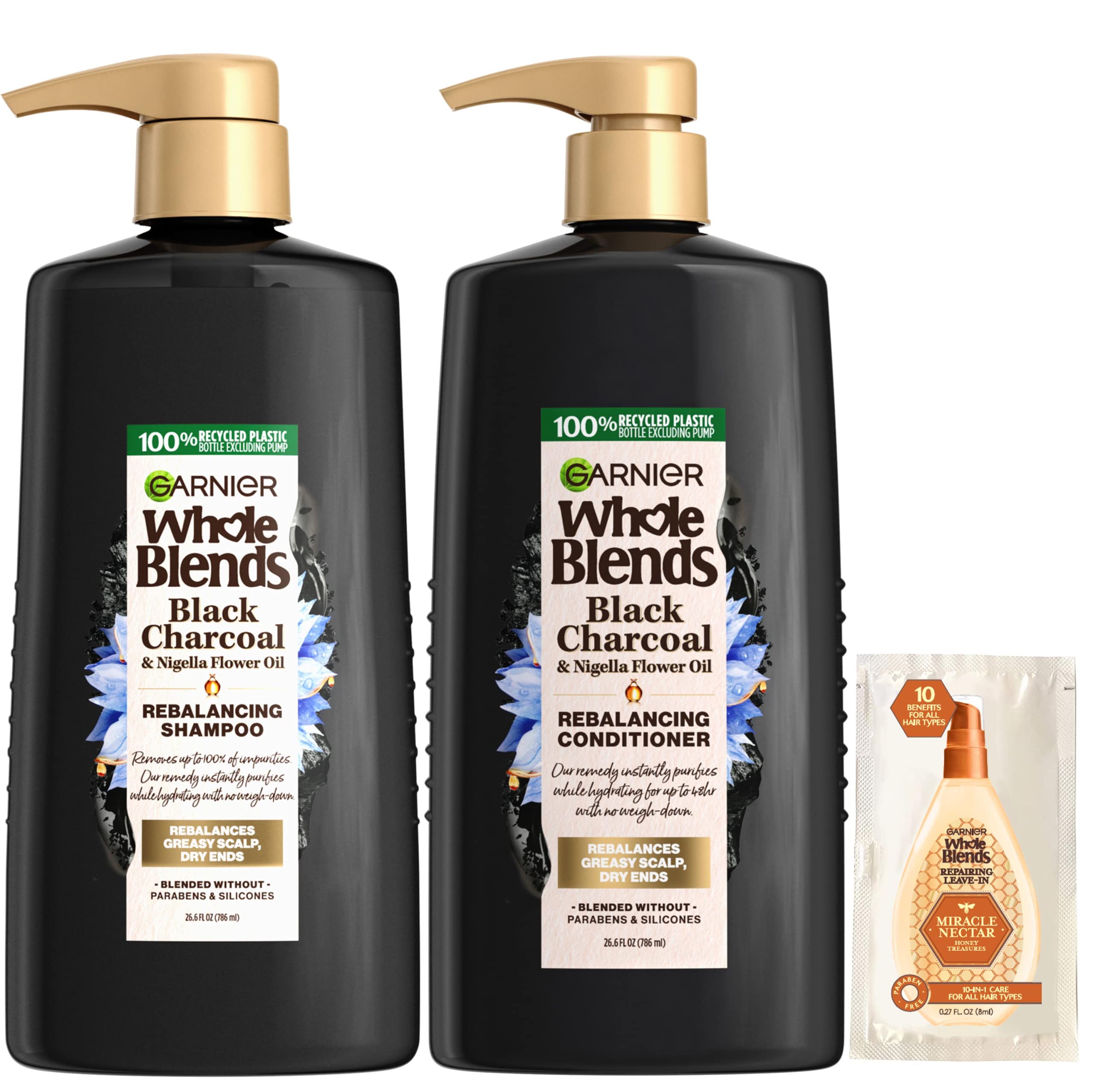 GarnierWhole Blends Black Charcoal & Nigella Flower Oil Rebalancing Shampoo and Conditioner Set for Greasy Scalp & Dry Ends with Sample, 26.6 Fl Oz, 1 Kit (Packaging May Vary)