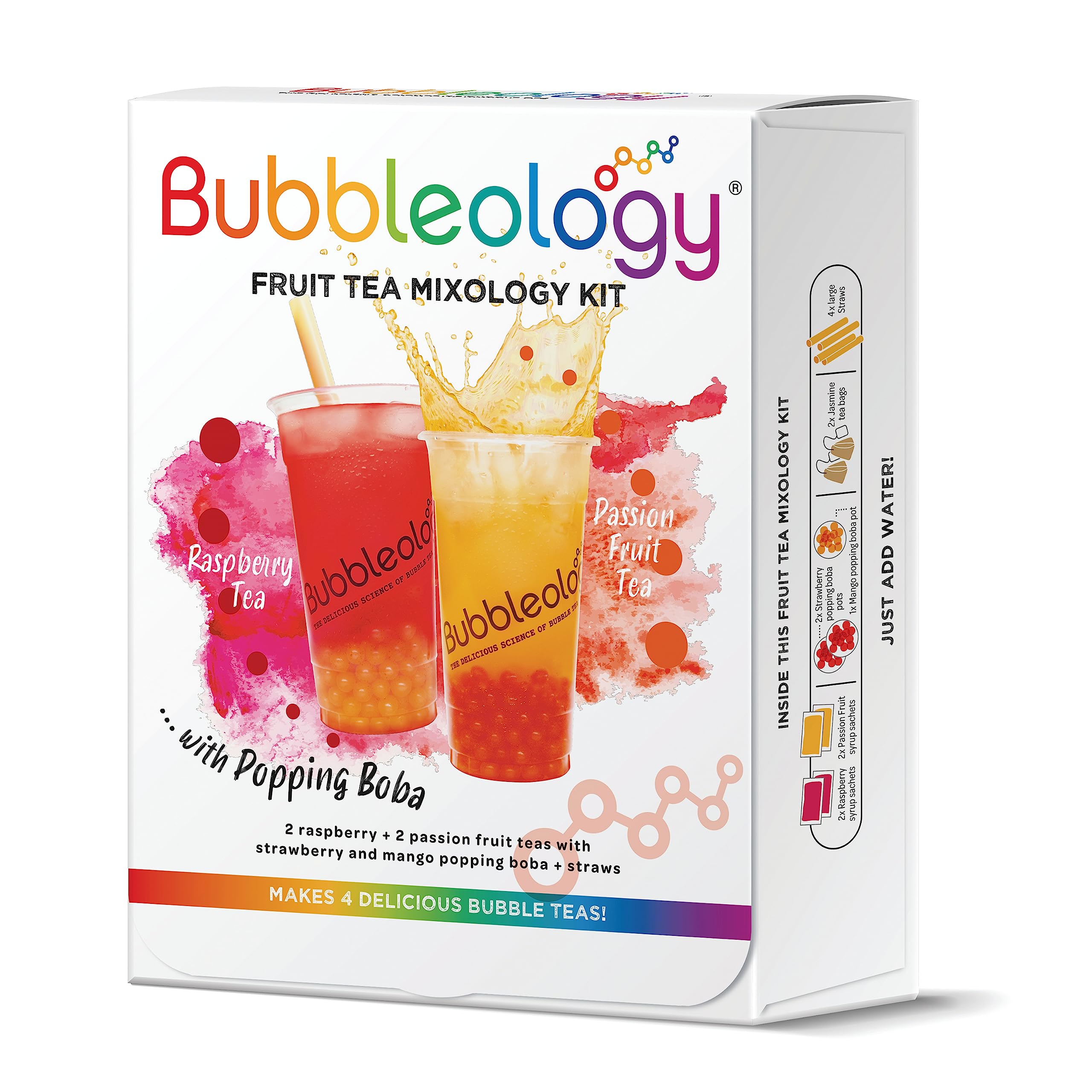 Bubbleology Fruit Bubble Tea Mixology Kit with Popping Boba (Pack of 1) Makes 4 Delicious Bubble Teas | 2 Raspberry Tea & 2 Passion Fruit Tea with Strawberry Boba & Mango Popping Boba