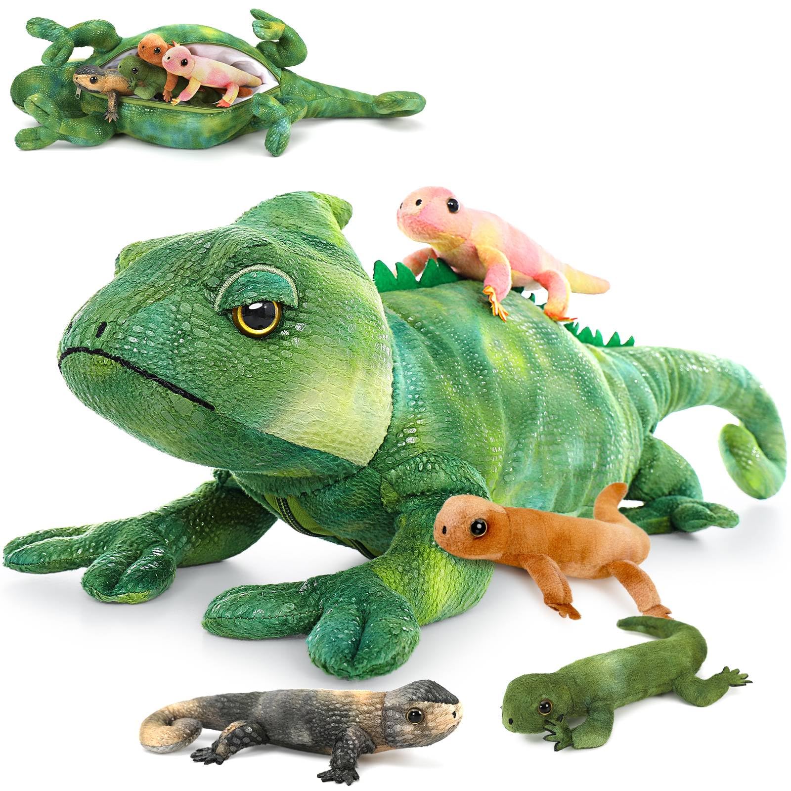 Morismos Lizard Stuffed Animals,Chameleon Stuffed Animal with 4 Babies Inside,Mommy Stuffed Lizard Plush, Baby Stuffed Iguana Dragon Gecko Lizard Toy, Realistic Lizards Gift for Kid Birthday Christmas